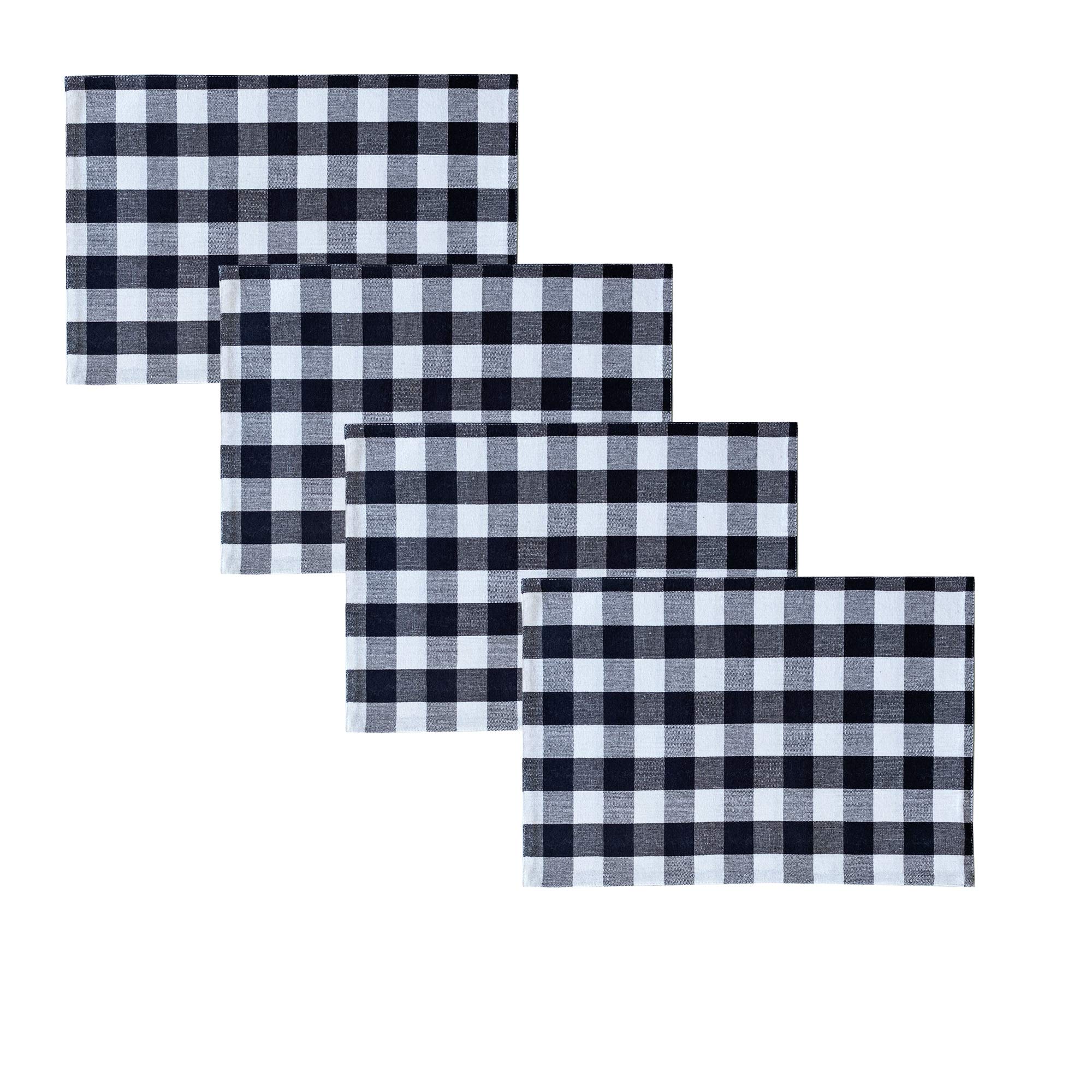 Newbridge Buffalo Check Rustic Cotton Placemats - Set of 4 Reversible Heavy Weight Farmhouse Style Gingham Table Mats for Indoor/Outdoor Use - Perfect for Dining Table, Kitchen, Picnic, and Cottage Decor (Black)