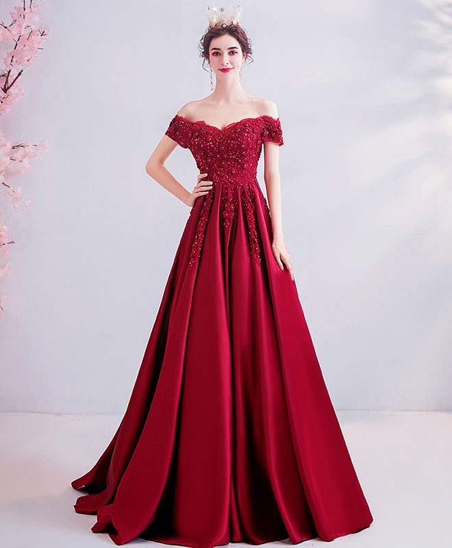 Elegant Burgundy Off-Shoulder Lace Satin Long Prom Dress for Women - Perfect for Evening Gowns, Homecoming, Formal Parties & Special Occasions