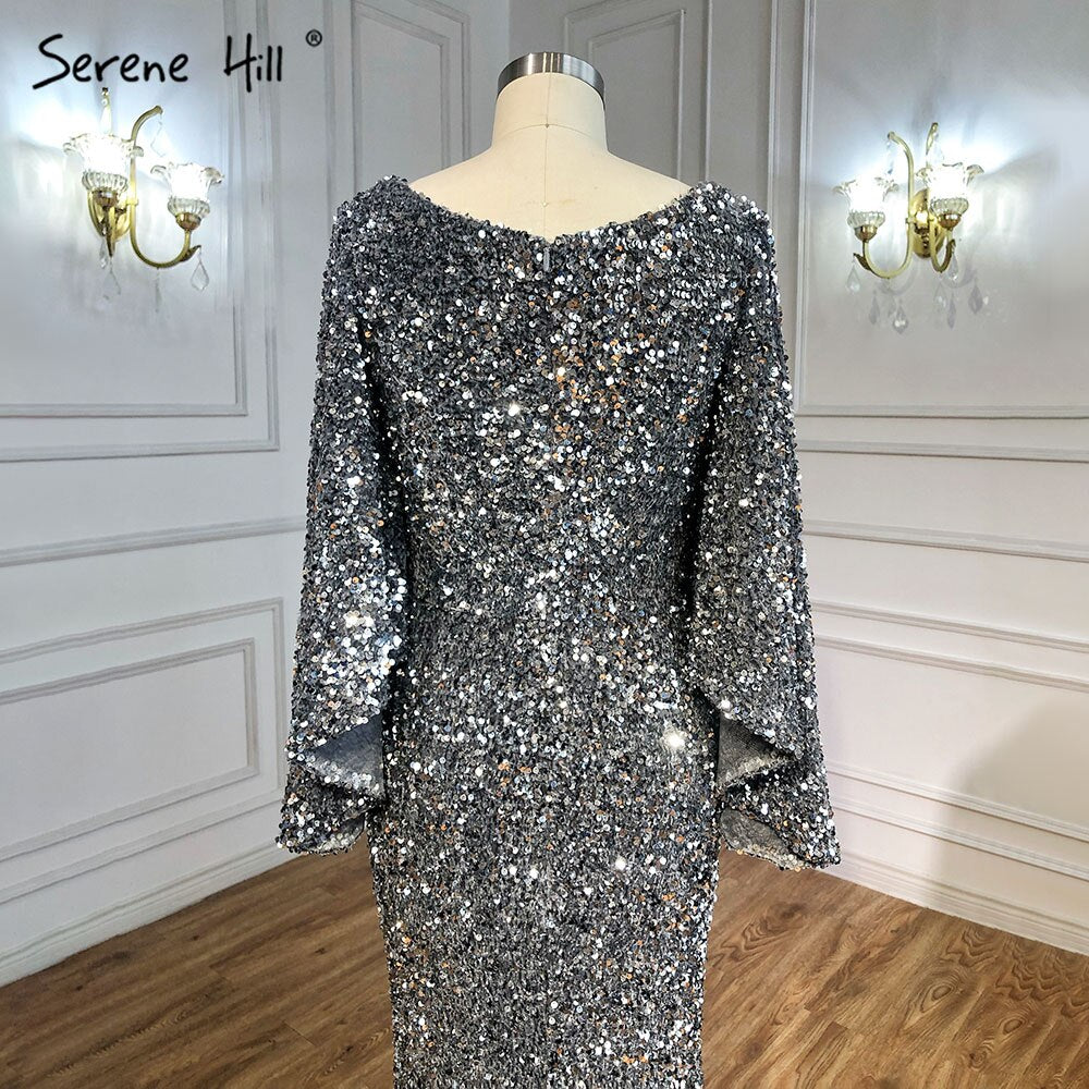 Elegant Grey Silver Luxury Evening Gowns for Women 2025 - Sexy Flared Sleeves Formal Dress for Parties, Galas & Special Occasions - Serene Hill Collection LA71178