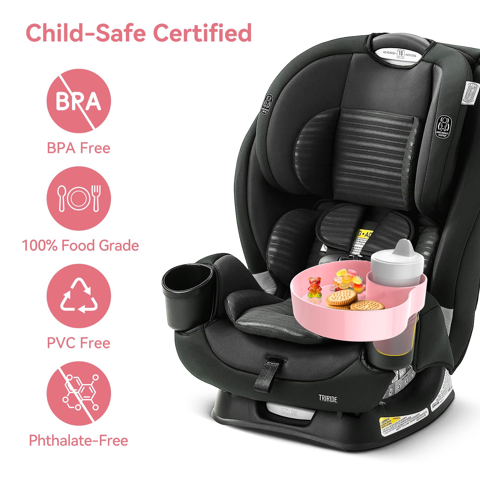 Car Seat Snack Tray for Kids - Portable Travel Food Tray with Cup Holder for Toddlers | Stroller & Car Seat Accessories | Road Trip Essentials for Children (Pink) - Perfect for Long Car Rides, Airplane Travel & Stroller Snack Time