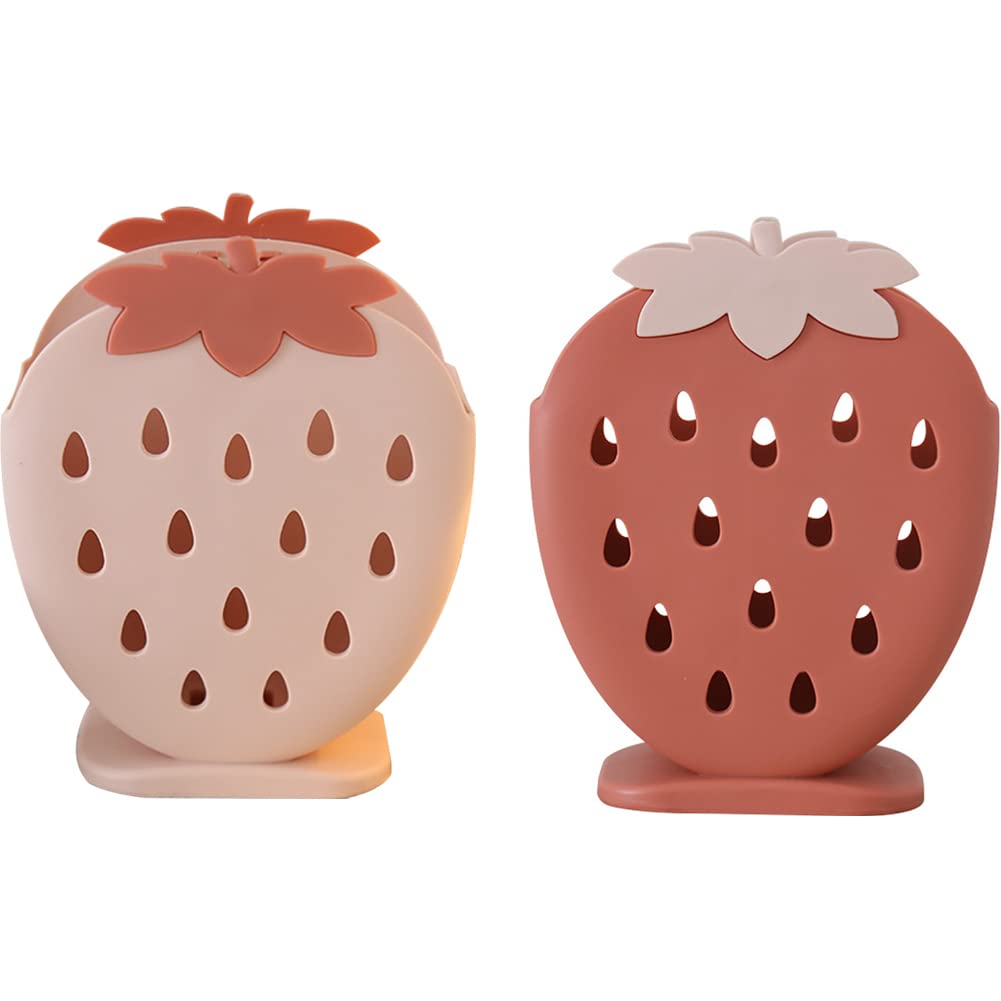WAYUTO 2-Pack Plastic Strawberry Pen Holder & Utensil Organizer - Multi-Purpose Storage Rack for Pens, Chopsticks, Spoons, Forks - Kitchen Countertop & Study Desk Accessory (Pink/Red) - Perfect for Office, Dorm, and Home Organization