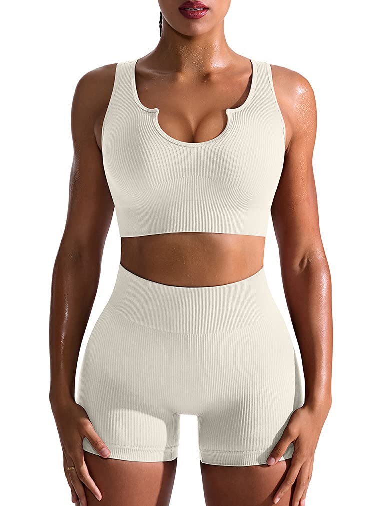 OQQ Women's 2-Piece Seamless Ribbed Workout Set - High Waist Yoga Leggings & Sports Bra for Gym, Running, Fitness & Lounge Wear