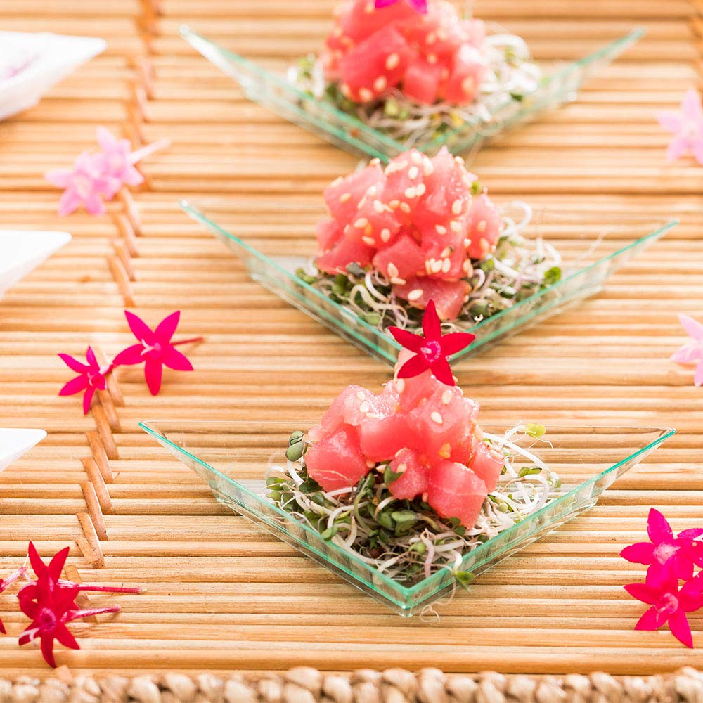 100-Pack 4x2 Inch Disposable Mini Appetizer Plates | Triangle Plastic Dessert Plates for Parties, Catering & Events - Perfect for Hors D'oeuvres, Samples, Snacks & Finger Foods (Seagreen)