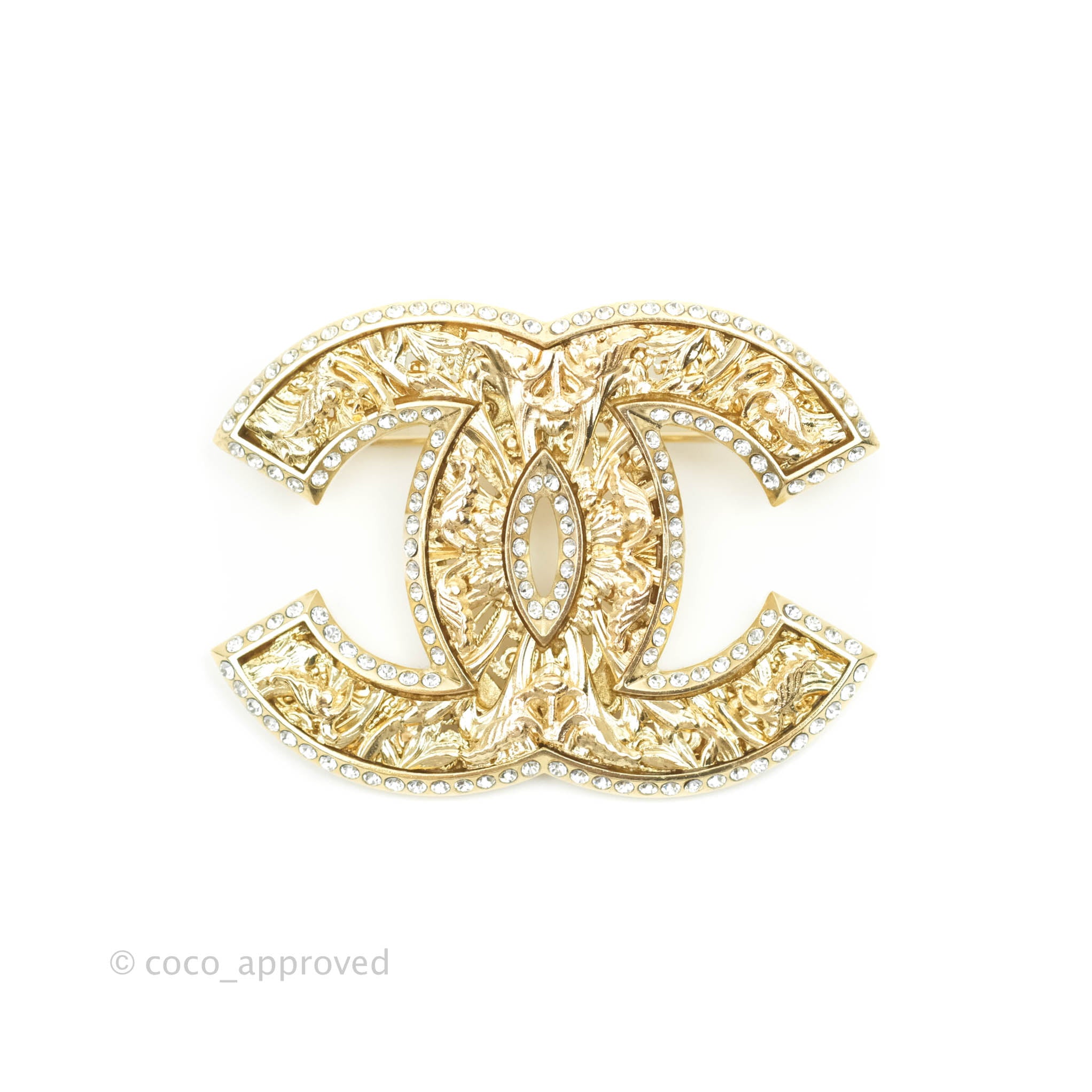 Chanel CC Crystal Brooch Gold Tone 21A - Elegant Fashion Jewelry for Women | Perfect for Parties, Weddings & Special Occasions