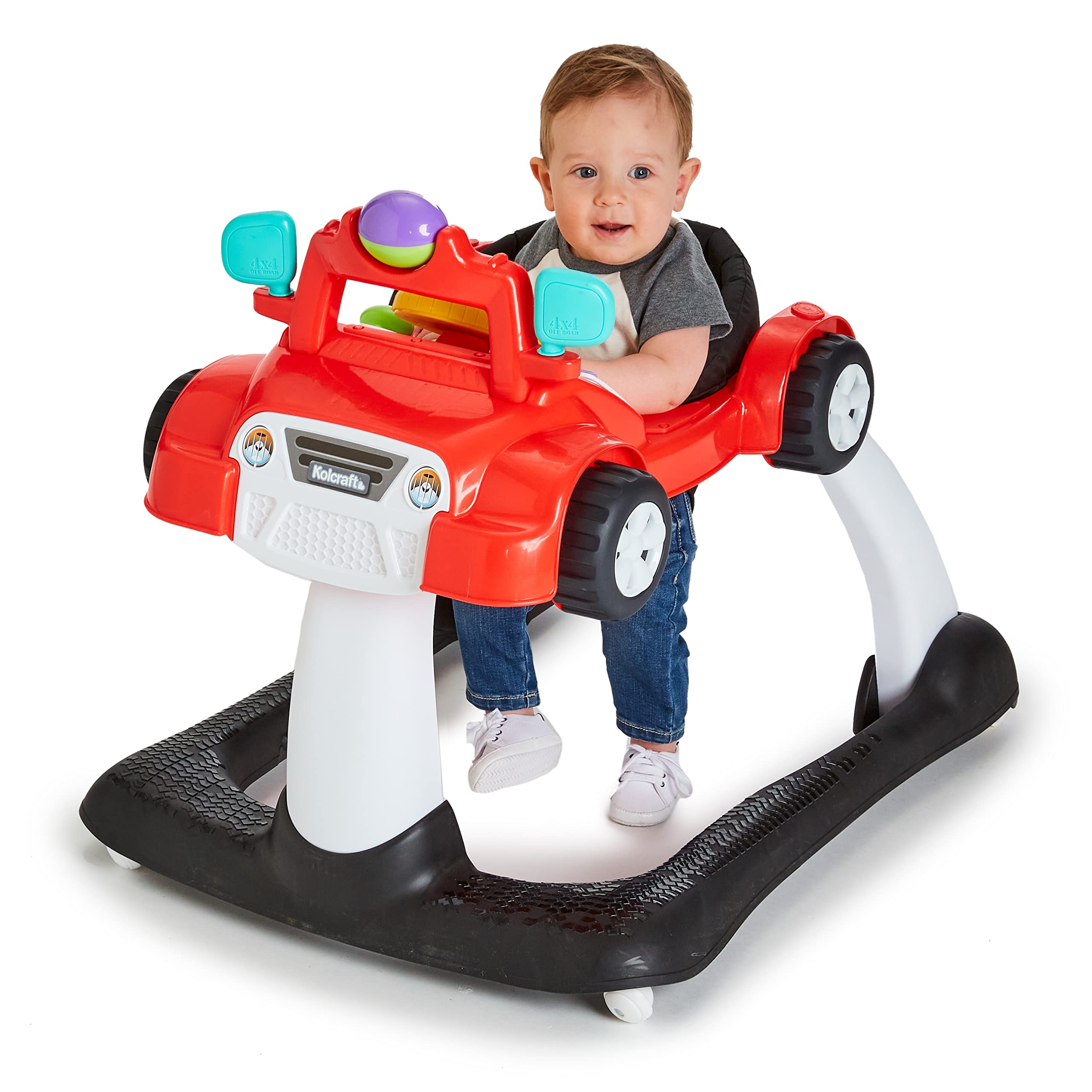 Kolcraft 4x4 2-in-1 Baby Activity Push Walker with Steering Wheel, Lights & Sounds - Interactive Learning Toy for Infants 6-18 Months (Racer Red) | Perfect for Early Walking Development & Indoor Playtime