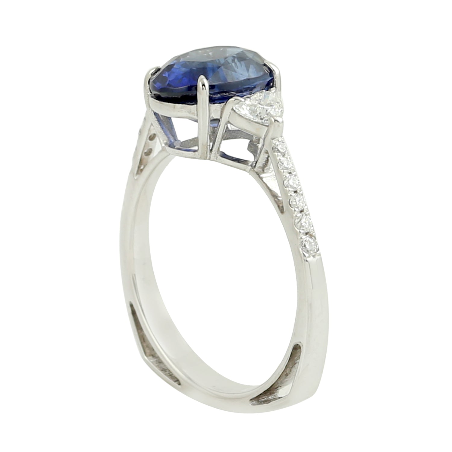 18K White Gold Three Stone Ring with Heart Cut Diamond & Oval Blue Sapphire - Perfect for Engagement, Anniversary & Special Occasions