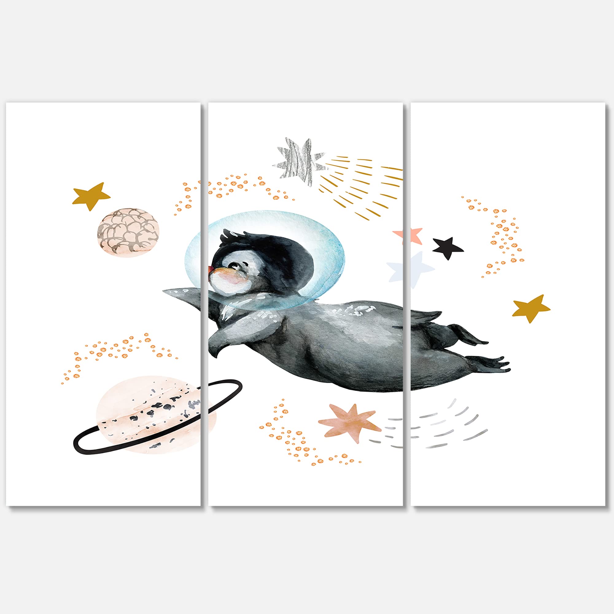 DesignQ Little Penguin Flying Stars and Planets II Farmhouse Canvas Wall Art - Cute Nursery Decor, Kids Room Wall Hanging, Living Room Artwork for Home Decoration