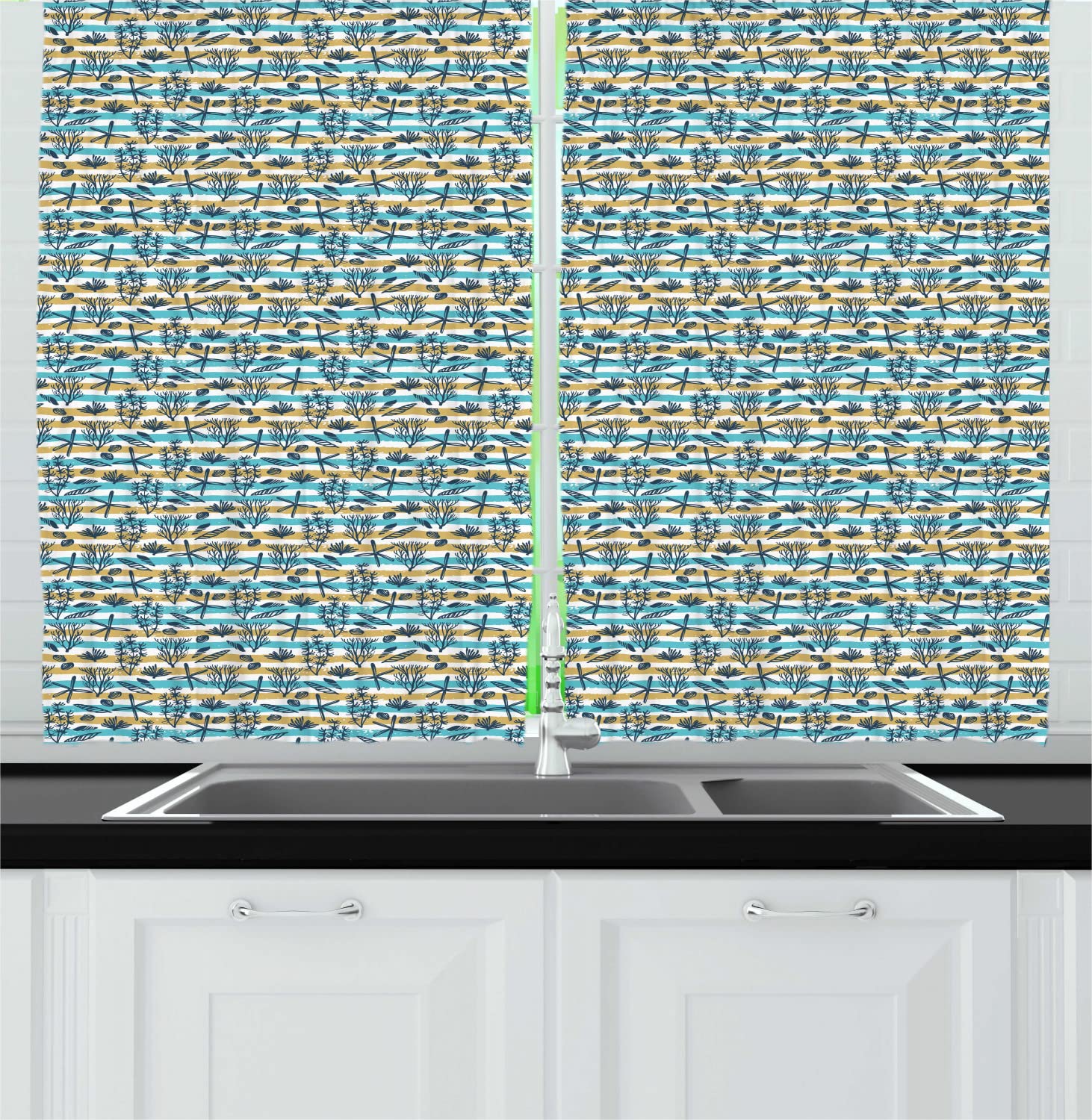 Ambesonne Underwater Themed Kitchen Curtains - Coral Reef & Starfish Print with Brushstroke Stripes, Set of 2 Rod Pocket Drapes 55