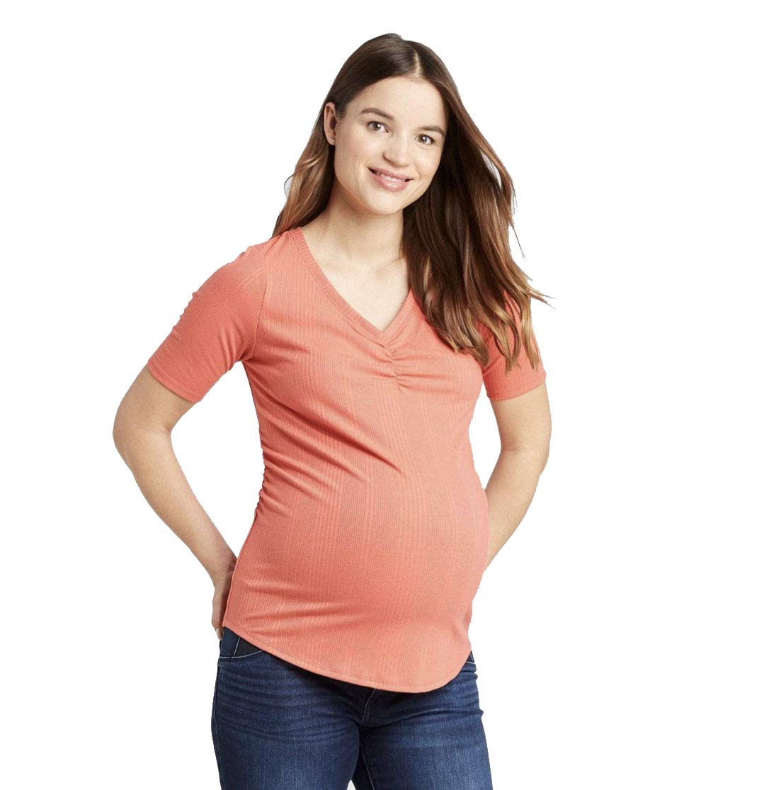 Isabel Maternity by Ingrid & Isabel Women's Maternity Elbow Sleeve V-Neck Ribbed T-Shirt - Soft Stretch Pregnancy Top (Red, XXLarge) - Perfect for Casual Wear, Work & Everyday Comfort During Pregnancy