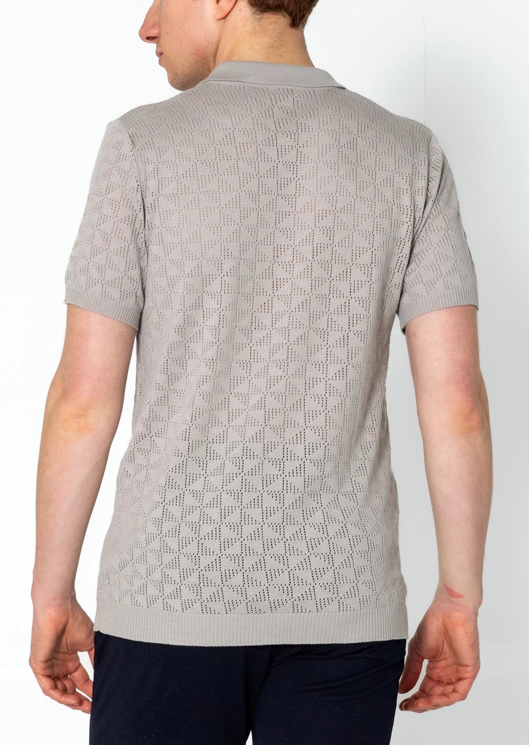Geometric Crochet Polo Shirt for Men - Trendy Grey Knit Cotton Top for Casual Wear & Summer Outfits