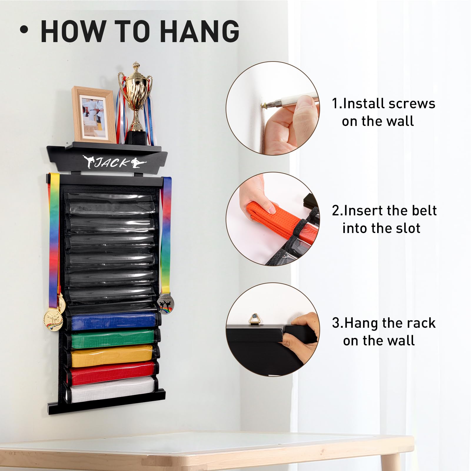 Tilhumt 12 Belts Karate Belt Display Rack with Stickers - Taekwondo Belt Organizer with Trophy & Photo Holder - Felt Dustproof Martial Arts Belt Stand for Kids & Adults - Perfect for Dojo, Gym & Home Decor