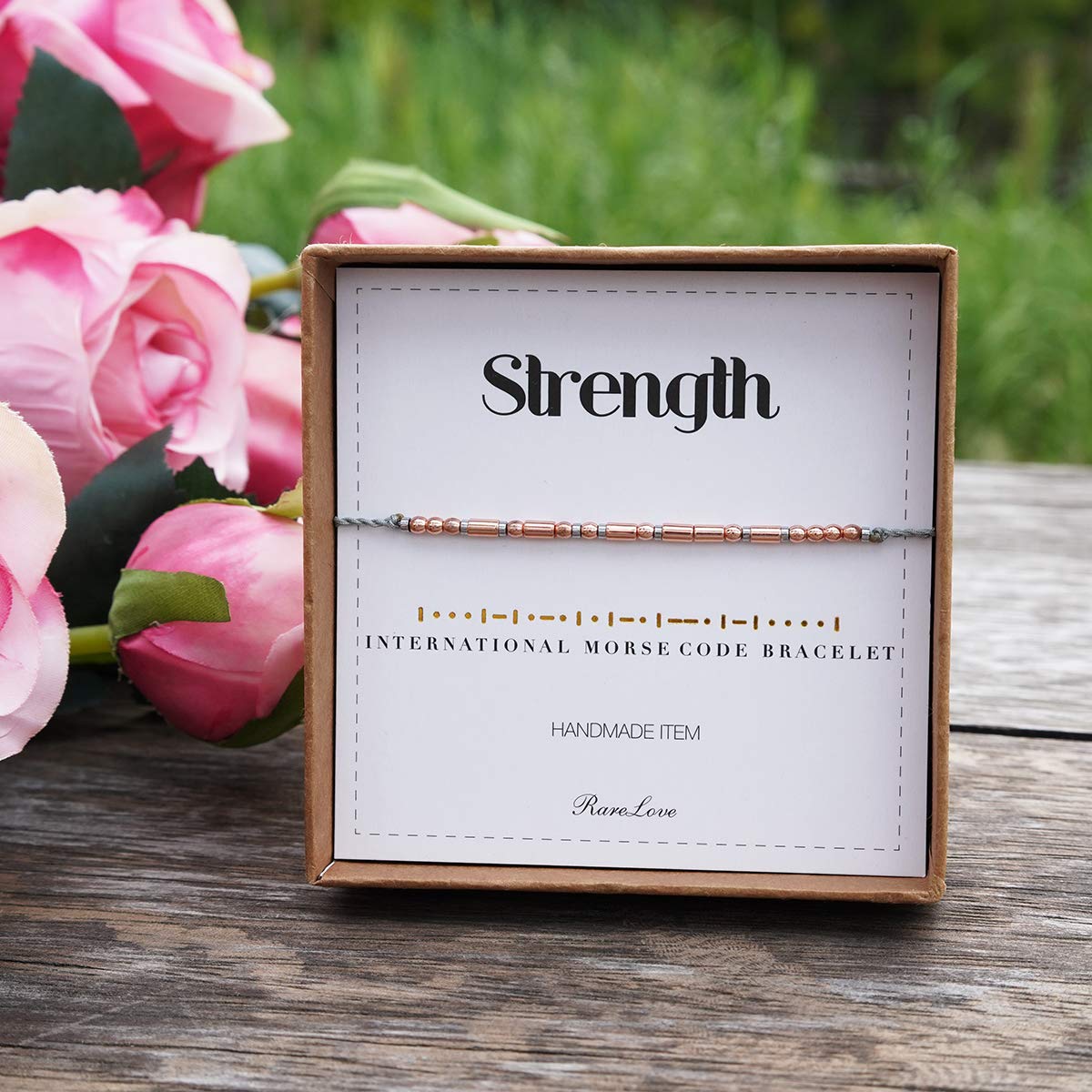 RareLove Strength Morse Code Bracelet - Be Strong Inspirational Friendship Gift for Women, Tiny Beads Grey String Bracelet - Perfect for Daily Wear, Motivational Gifts & Special Occasions