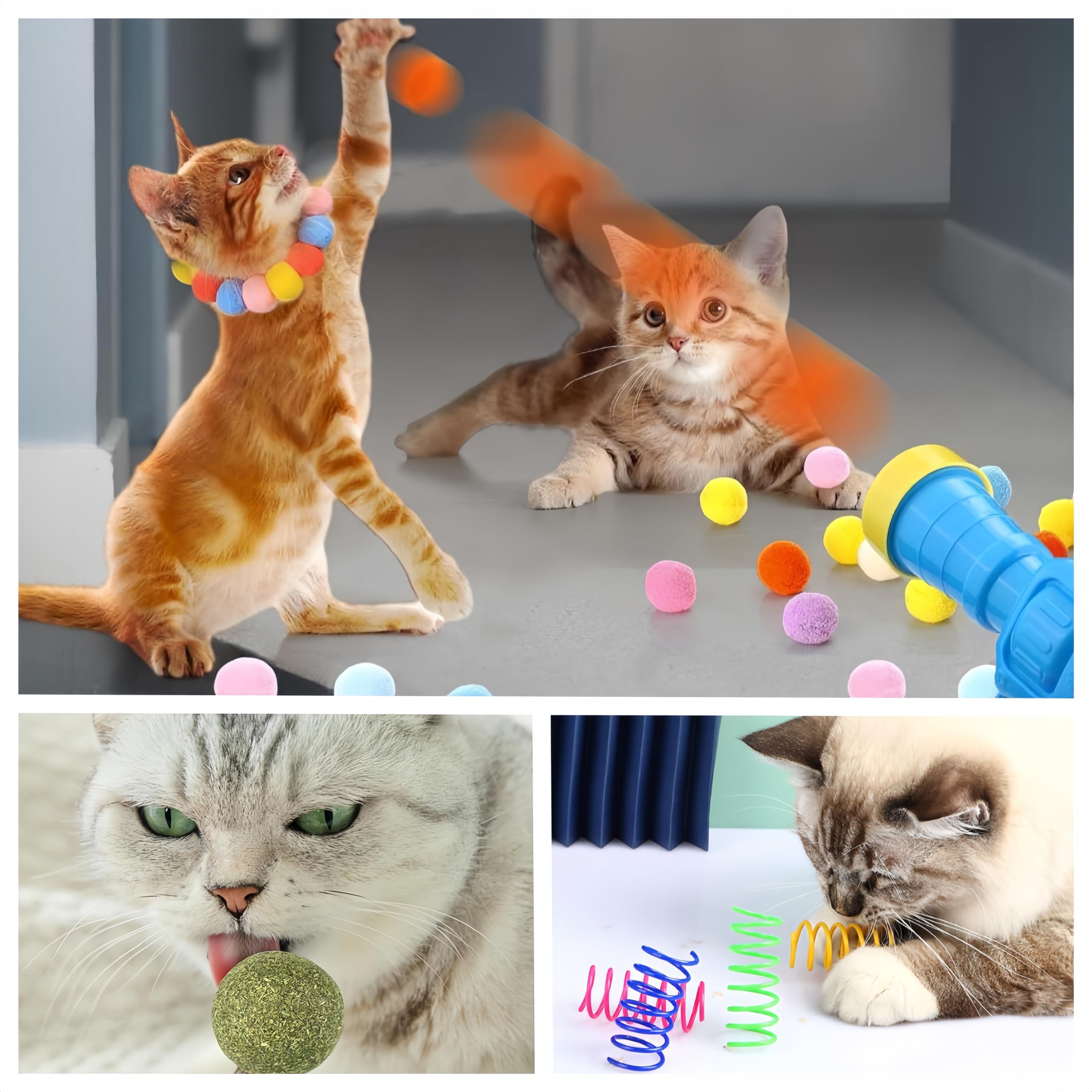60pcs Cat Toys Set - Colorful Springs, Pompom Balls & Launcher for Interactive Play - Perfect for Indoor Exercise, Chase Games & Bonding with Your Feline Friend