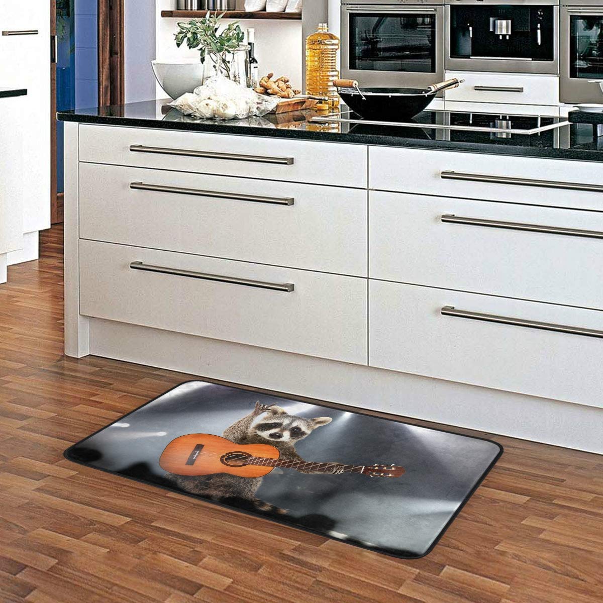 MOYYO Funny Raccoon with Acoustic Guitar Kitchen Rug - Anti-Fatigue Non-Slip Floor Mat, Oil & Stain Resistant, Easy to Clean - Perfect for Kitchen, Bathroom, Indoor/Outdoor Use as Doormat or Comfort Mat