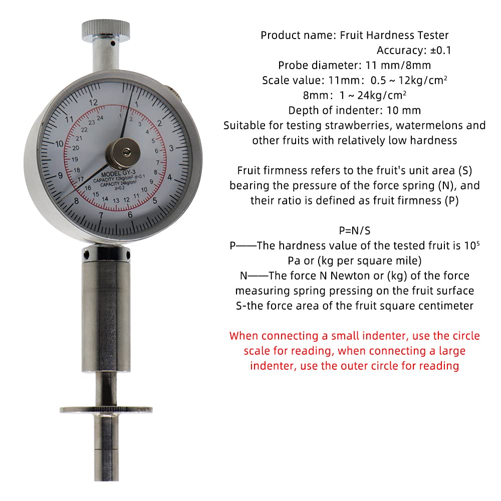 Premium Fruit Hardness Tester - Dual Pressure Head (8mm & 11mm) with 0.5-12kg/cm² & 1-24kg/cm² Range | Portable Fruit Penetrometer for Measuring Apple, Pear, Peach Firmness | Ideal for Farmers, Quality Control & Agricultural Research