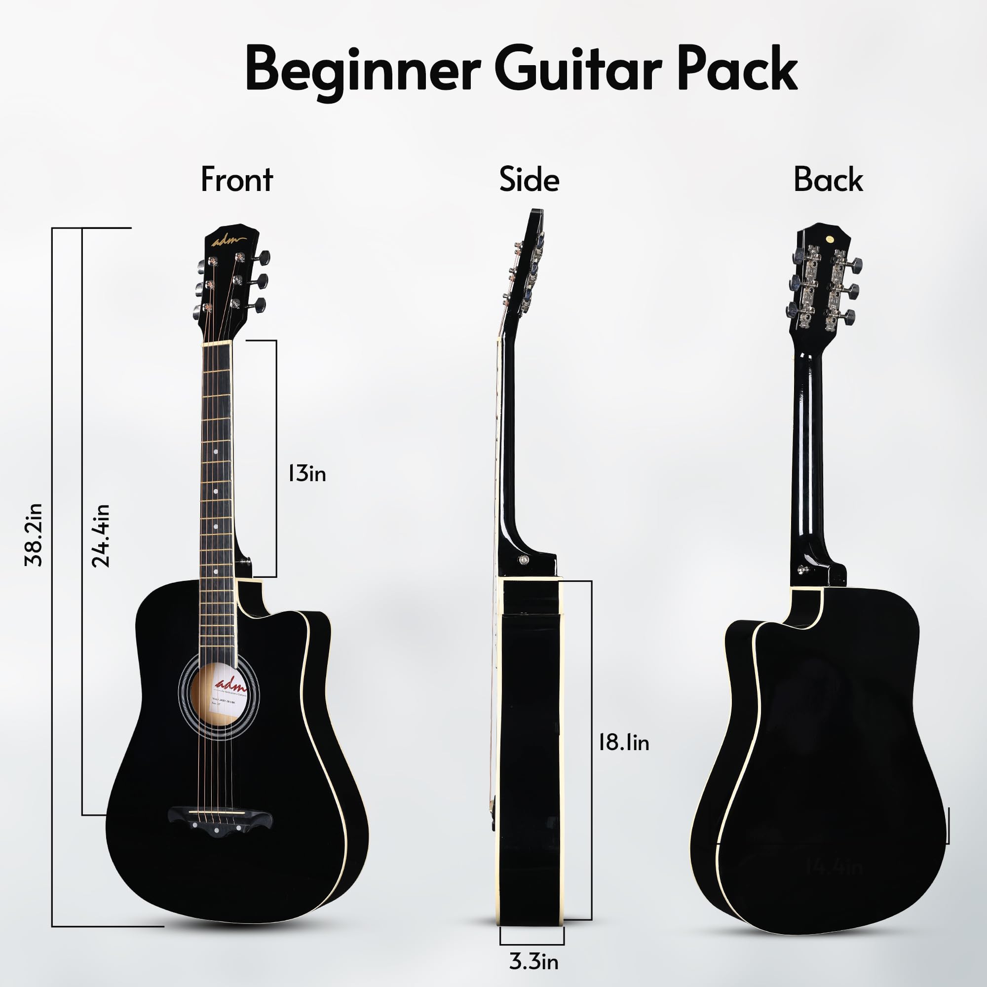 ADM 38-Inch Cutaway Acoustic Guitar Starter Kit for Beginners & Adults - Full Size Wood Guitar with Gig Bag, Strap, Steel Strings, Picks, Capo & Stand (Black) | Perfect for Home Practice, Music Lessons & Campfire Performances