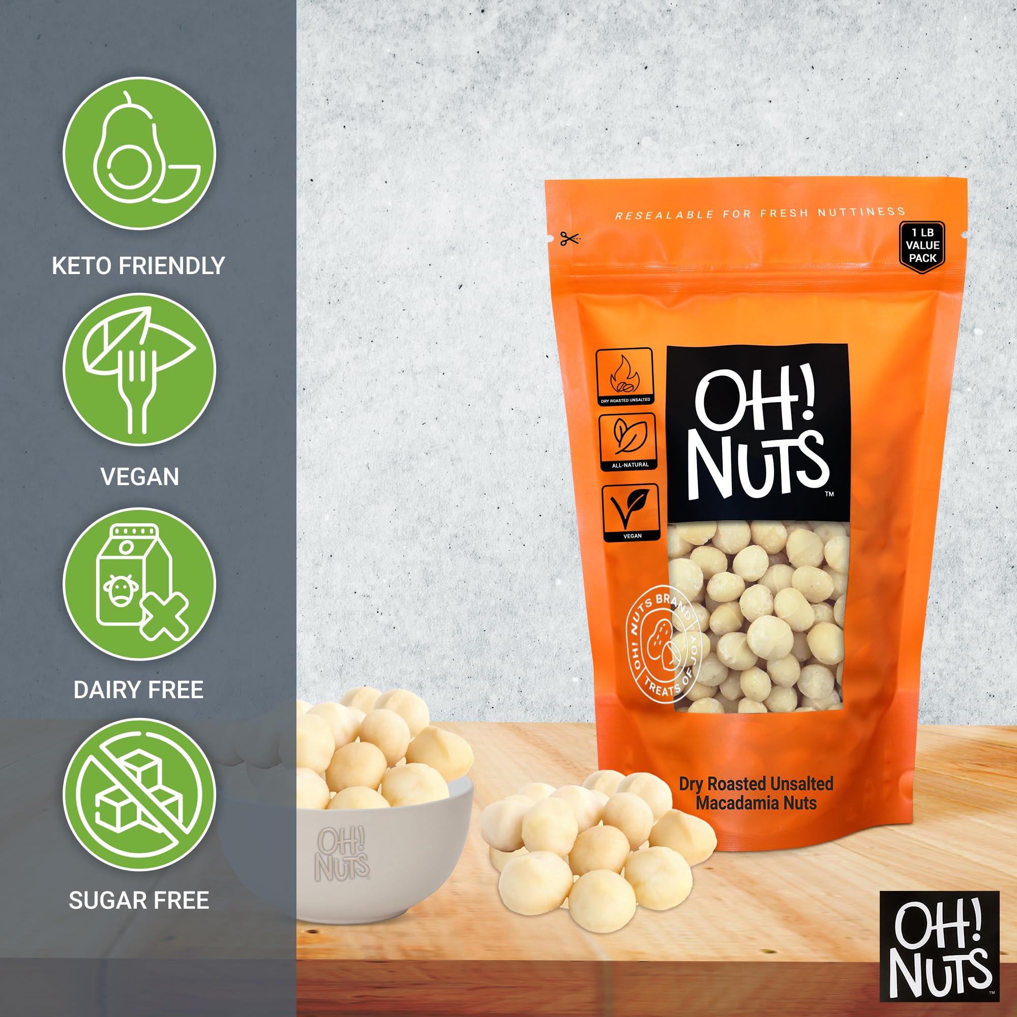Premium Dry Roasted Unsalted Macadamia Nuts - 1 lb Bag | Oven Roasted Without Oil | Freshness Sealed in New York | Perfect for Snacking, Baking & Gift Giving | Oh Nuts Brand