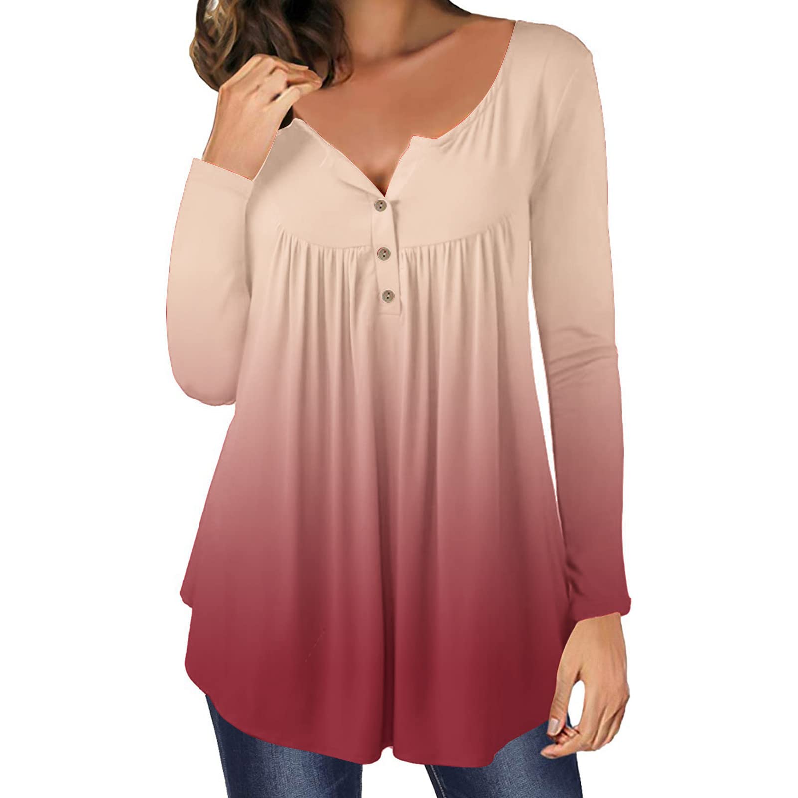 Oversized Sweatshirt for Women - Long Sleeve Loose Tunic Top with Gradient Print | Crew Neck Pleated Flowy Shirt | Casual Daily Wear, Lounge, Street Fashion