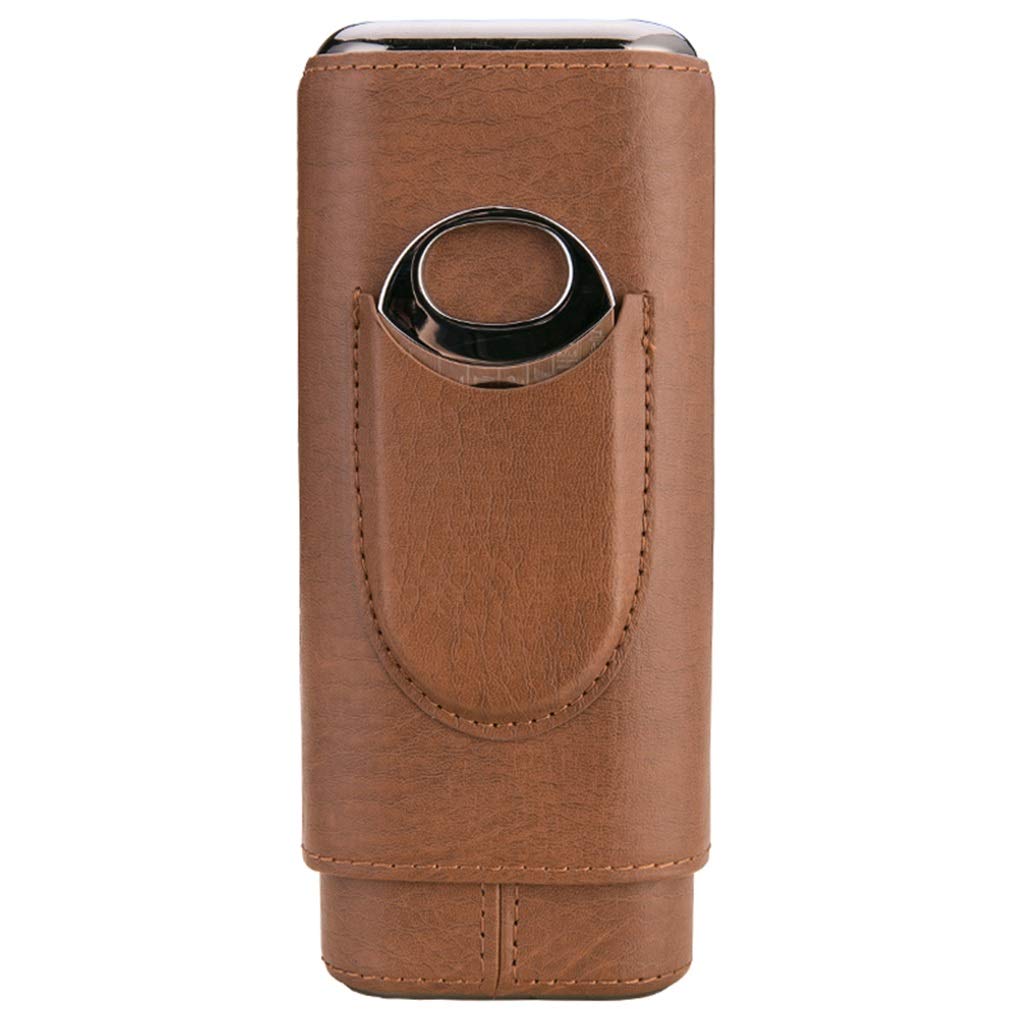 Premium Leather Travel Humidor Cigar Case - 3-Piece Portable Cigar Box with Built-in Cutter & Hygrometer - Perfect for Cigar Lovers, Business Travel & Outdoor Adventures (Brown, 18.7 x 5 x 3.5 cm)