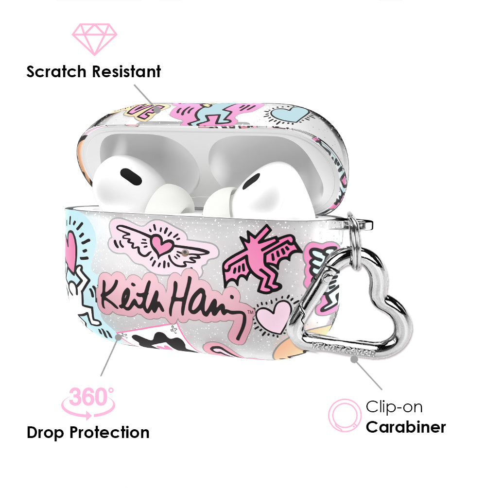 Keith Haring Pastel Glitter AirPods Case - Cute Protective Cover for AirPods 1/2/3 & Pro - Trendy Accessory for Music Lovers & Fashion Enthusiasts - Perfect Gift for iPhone Users
