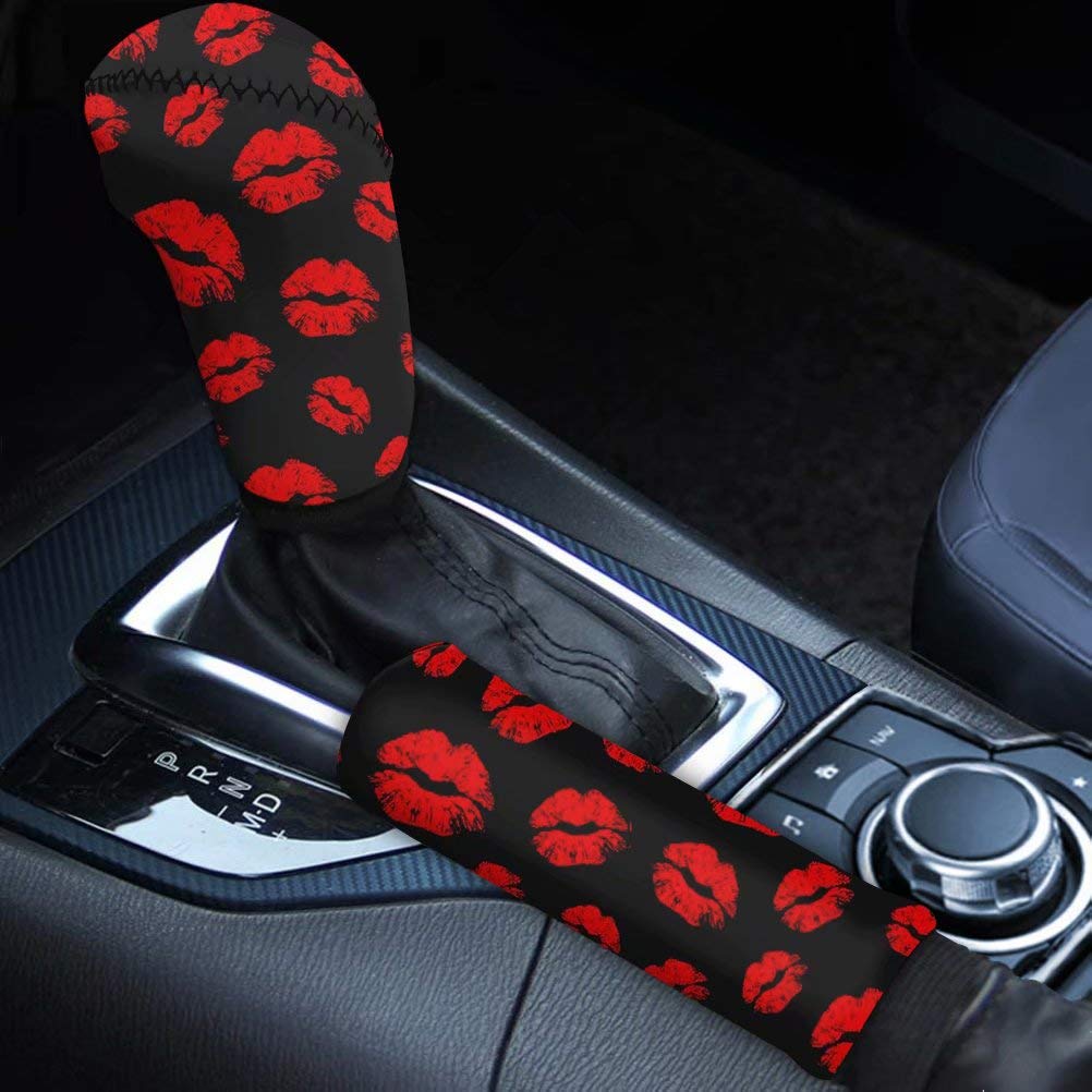 Forchrinse Red Kiss Lips Print Auto Gear Shift Knob Cover & Handbrake Cover Set - Washable Neoprene Car Interior Accessories for Women - Perfect for Valentine's Day Gifts & Car Decorations