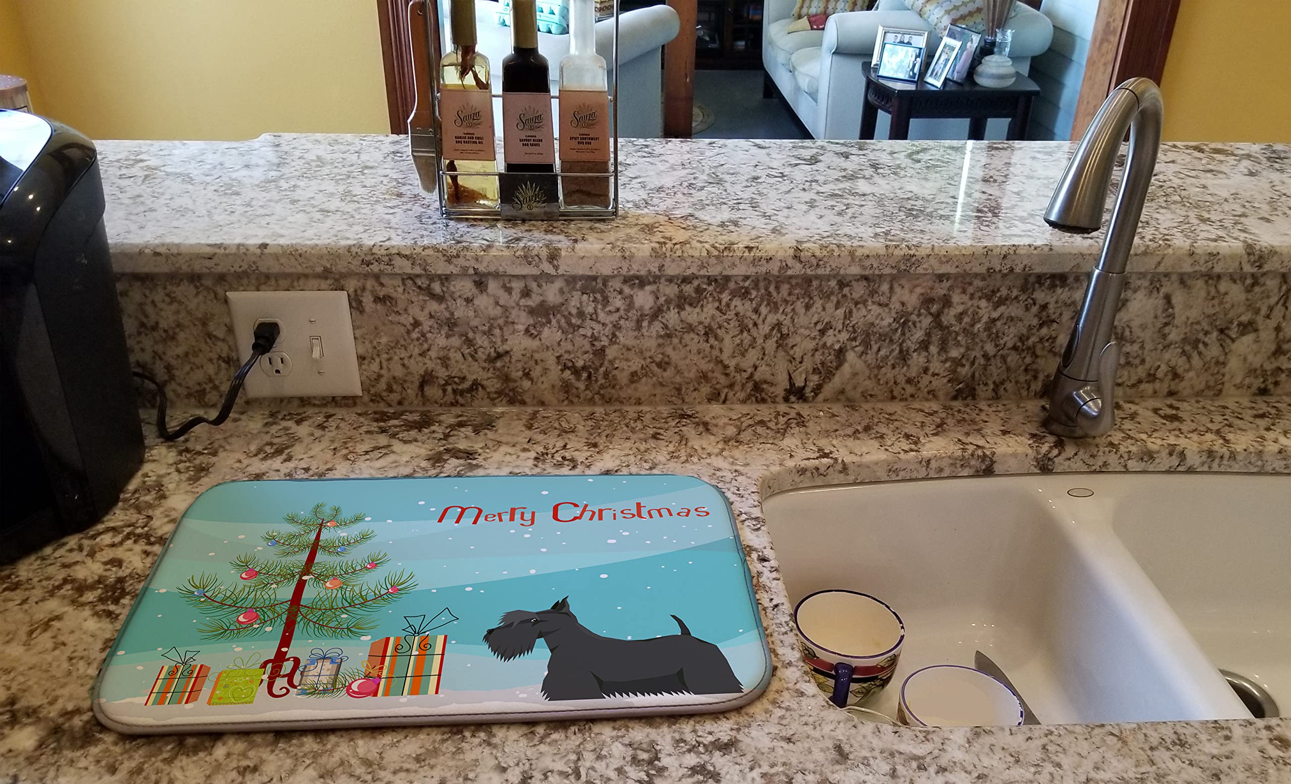 Scottish Terrier Christmas Dish Drying Mat - Absorbent Kitchen Counter Pad for Holiday Decor