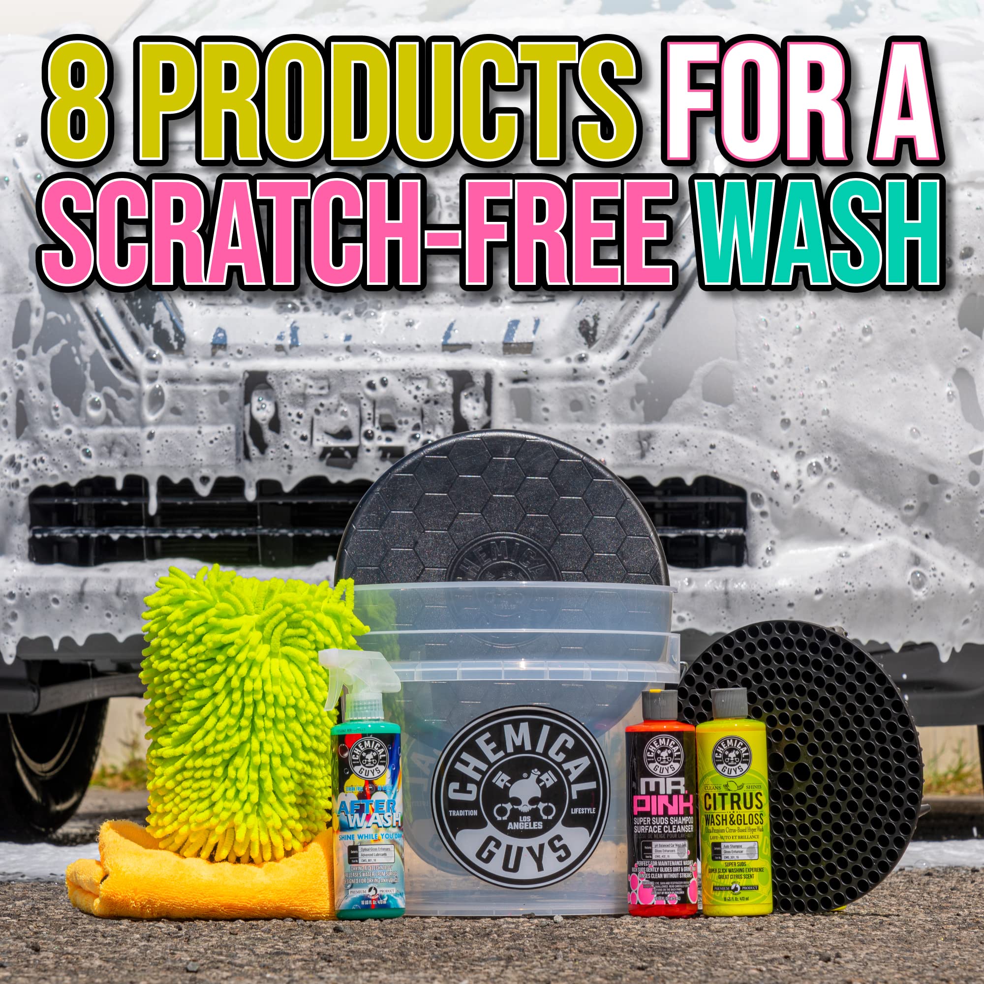 Chemical Guys HOL_128 Premium Car Wash Kit - Includes Car Wash Soap, Wash Bucket & 16oz Car Care Products (8-Piece Set) for Detailing, Waxing & Protecting Your Vehicle at Home or Professional Auto Shops