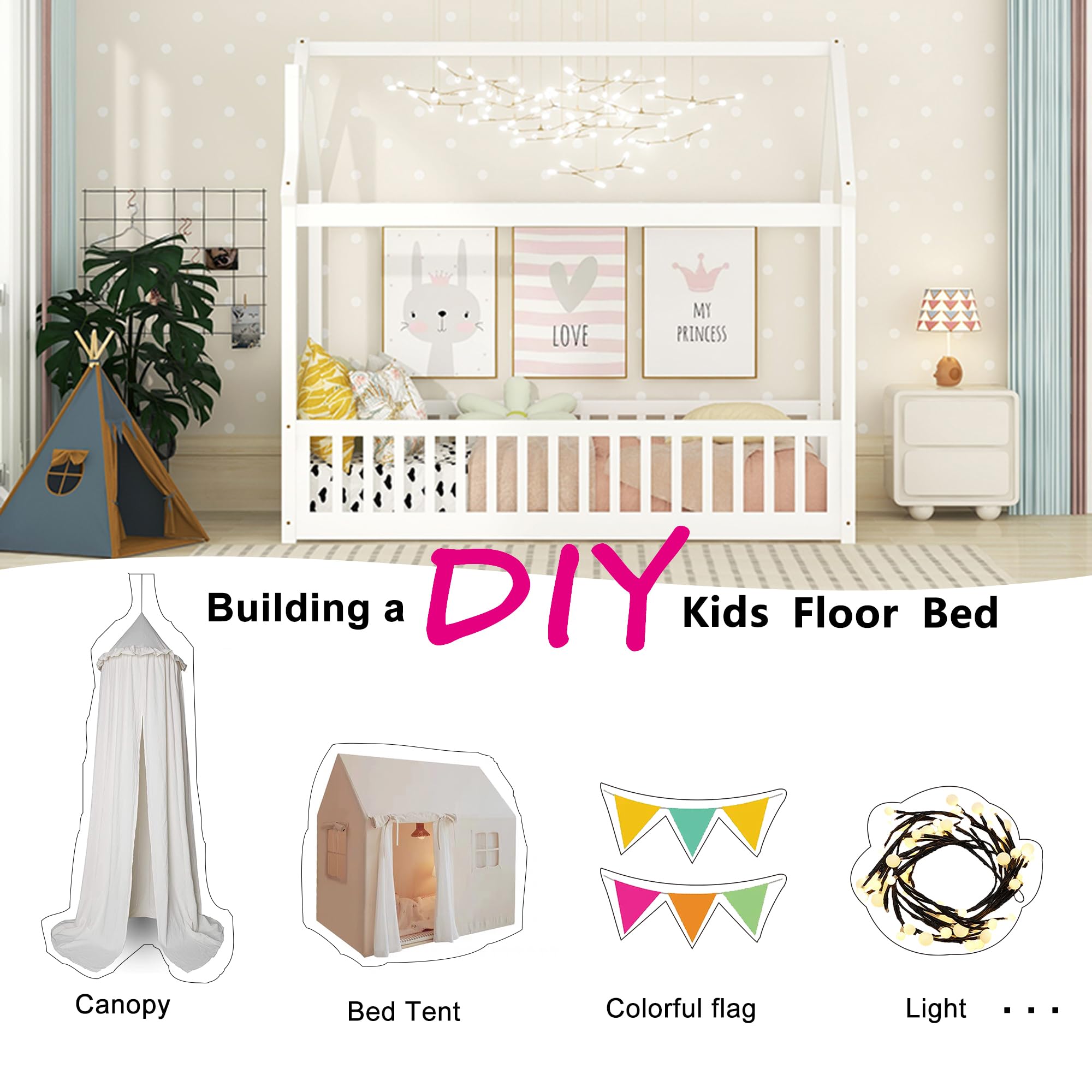Bellemave Twin Size Kids House Bed with Fence - Montessori Floor Bed for Girls & Boys, No Box Spring Needed, White - Perfect for Toddler Rooms, Playrooms & Montessori Bedrooms