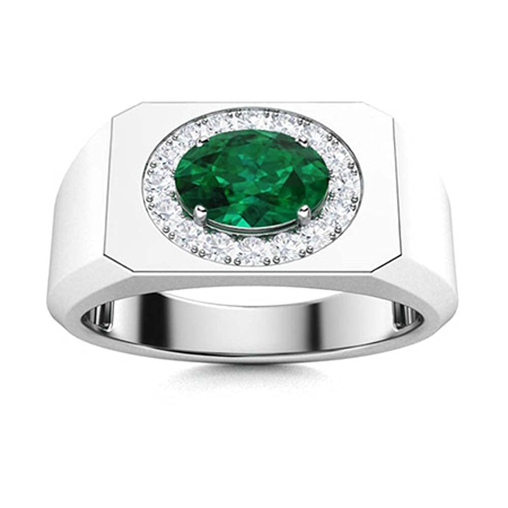 Elegant 14K White Gold Plated 925 Sterling Silver Oval Cut Emerald & Halo Diamond Men's Wedding Ring - Perfect Gift for Husband, Boyfriend & Anniversary - Ideal for Proposals, Engagements & Special Occasions