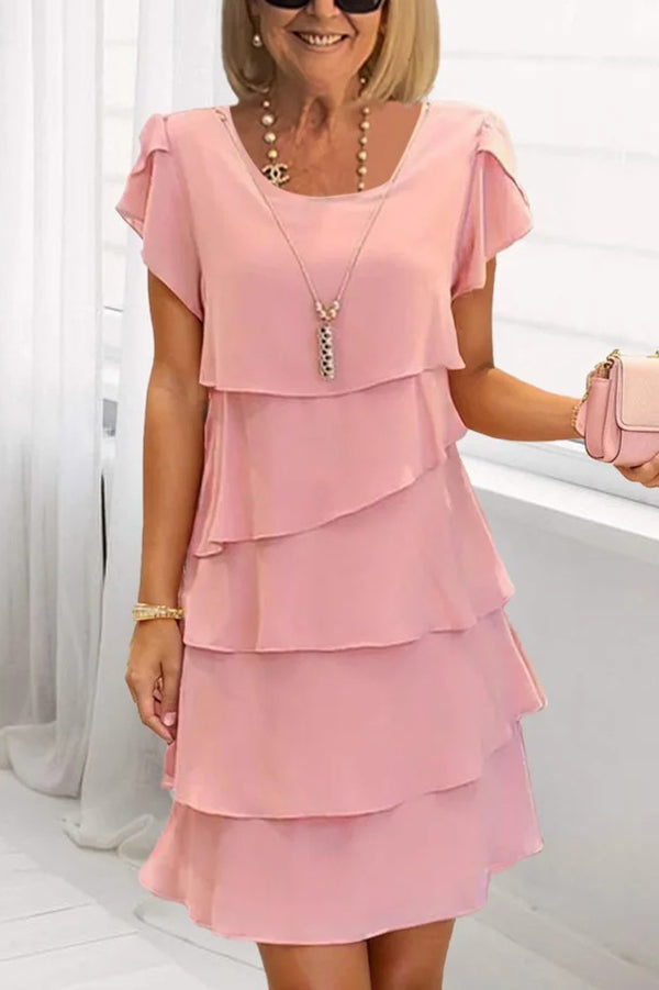 Solid Color Round Neck Short Sleeve Casual Multi-Layered Mini Dress for Women - Summer Beach Party, Date Night & Everyday Wear