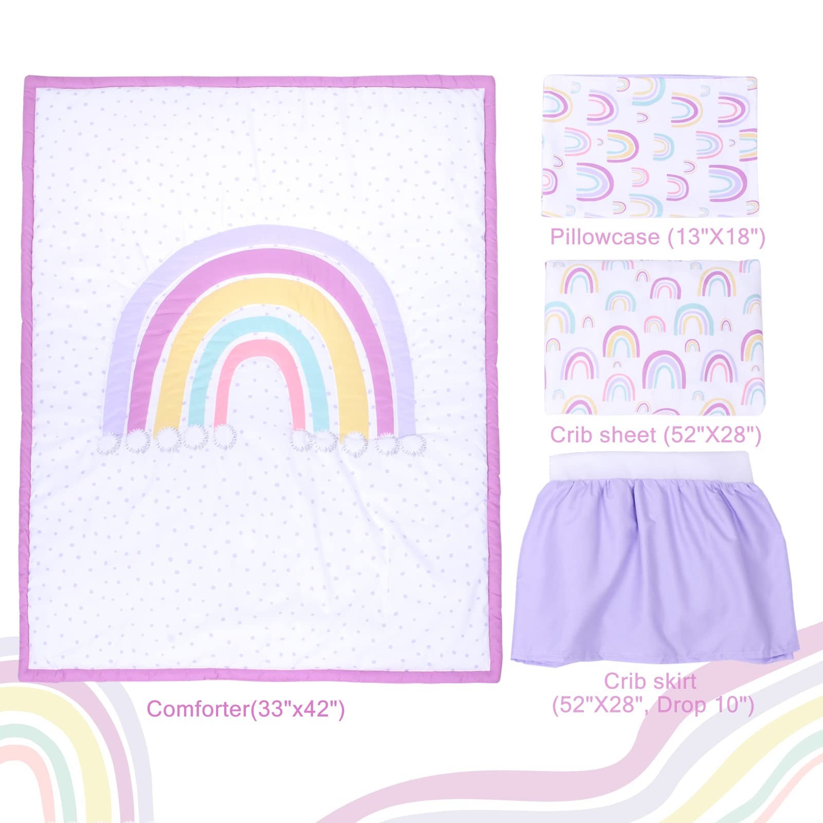 JISEN 4-Piece Baby Crib Bedding Set for Girls & Boys - Soft Nursery Bedding with Quilt, Fitted Sheet, Pillowcase & Crib Skirt - Rainbow Design for Safe & Comfortable Sleep