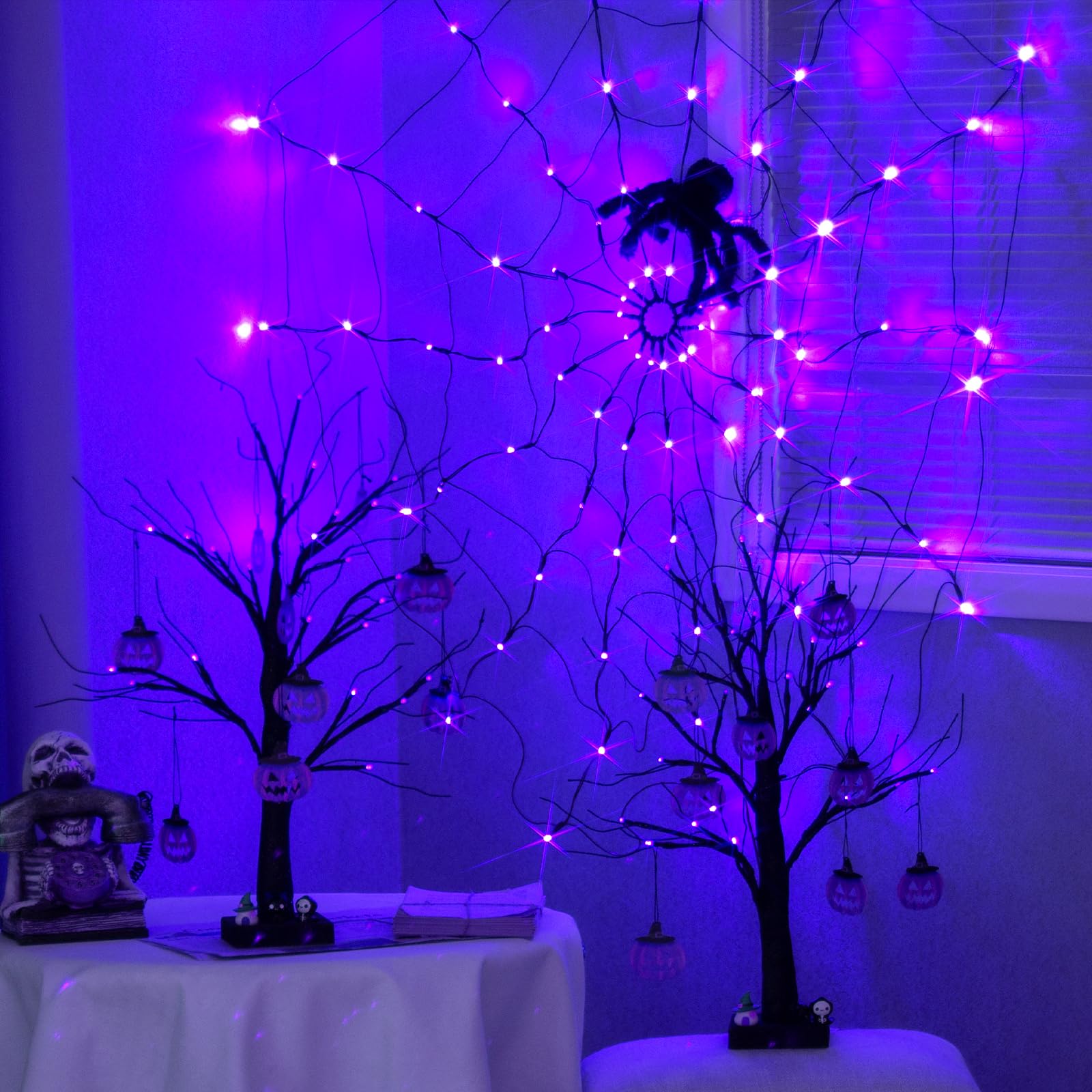 PABIPABI Halloween Spider Web Lights - 4FT Outdoor LED Web Decor with 84 Lights & 8 Lighting Modes - Orange & Purple Halloween Party Decorations for Yard, Haunted House, Bar, and Outdoor Halloween Displays