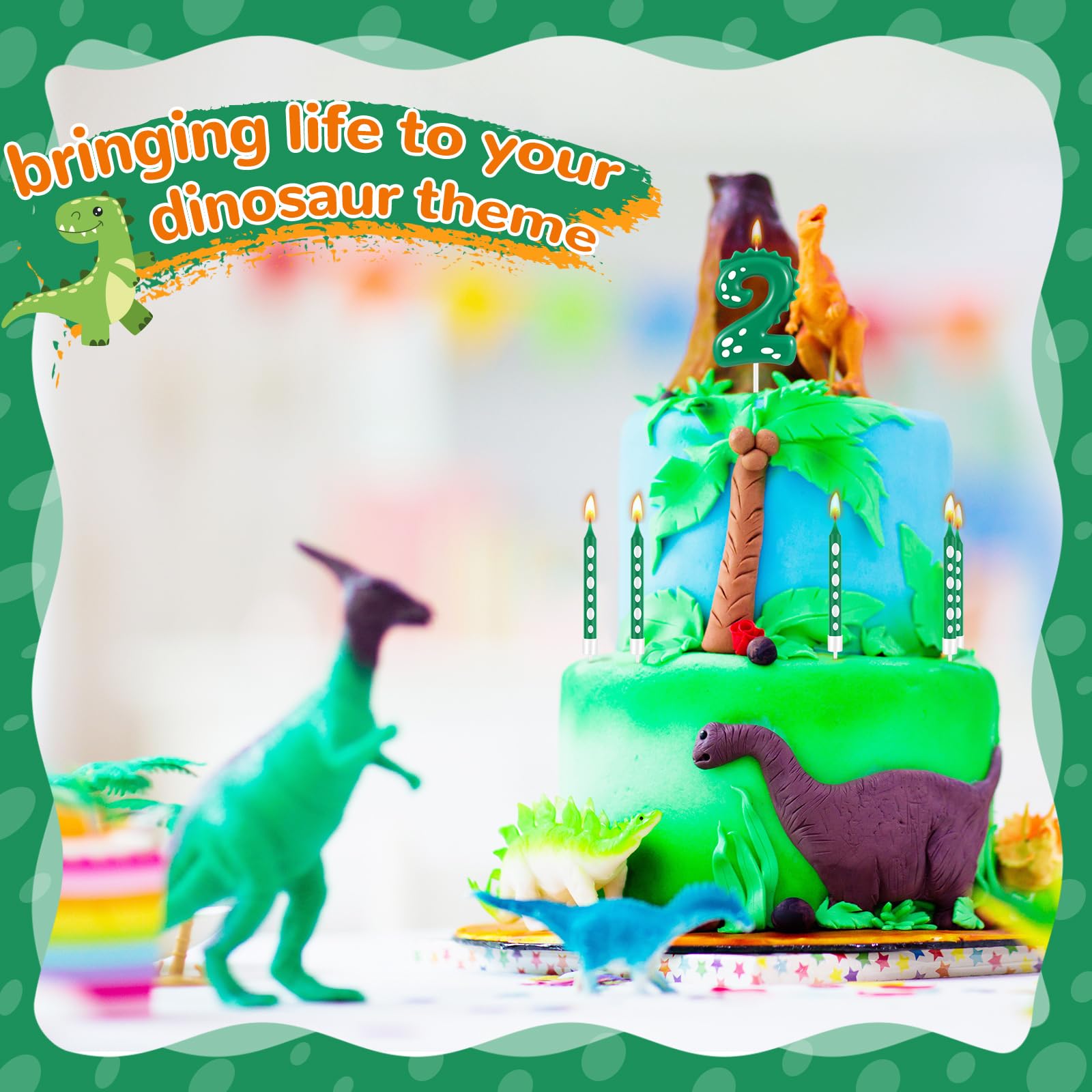 Dinosaur Birthday Candles Set - 12 Green & White Number 2 Candles (2.36x1.8 Inch) & 3.1 Inch Tall Dino Candles for Dinosaur Theme Party Decorations | Perfect for Kids Birthday Cakes, Cupcakes, and Jurassic Themed Celebrations