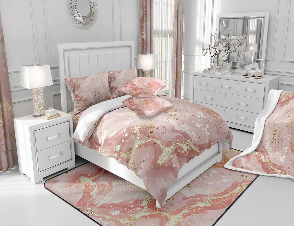 Abstract Marble Texture Pink & Gold Sequins Bed Sheet Set - Twin Size Microfiber Fitted Sheet & Pillowcase (2pc) for Modern Bedroom Decor | Soft Luxury Bedding for Teens, Dorms & Guest Rooms
