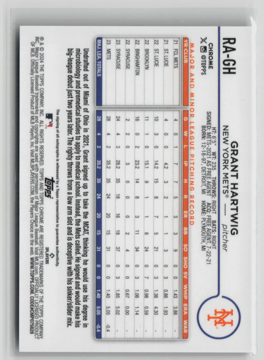 2024 Topps Chrome Grant Hartwig Rookie Card #RA GH Gold Parallel 25/50 - Perfect for Baseball Card Collectors & MLB Fans
