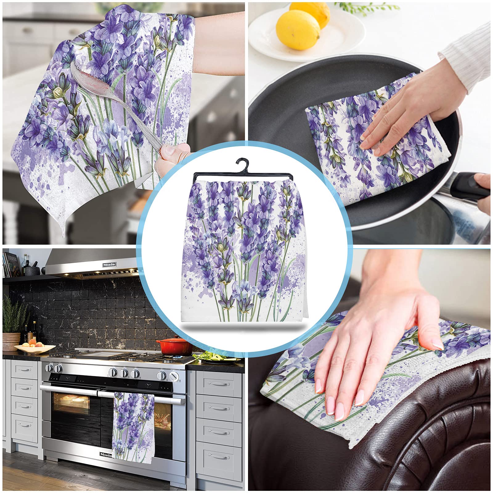 Lavender Dragonfly Flower Kitchen Dish Towels Set of 2 - Soft Lightweight Microfiber Absorbent Hand Towels (18x28 inches) for Kitchen, Bathroom & Dining - Perfect for Drying Dishes, Cleaning Countertops & Decorating