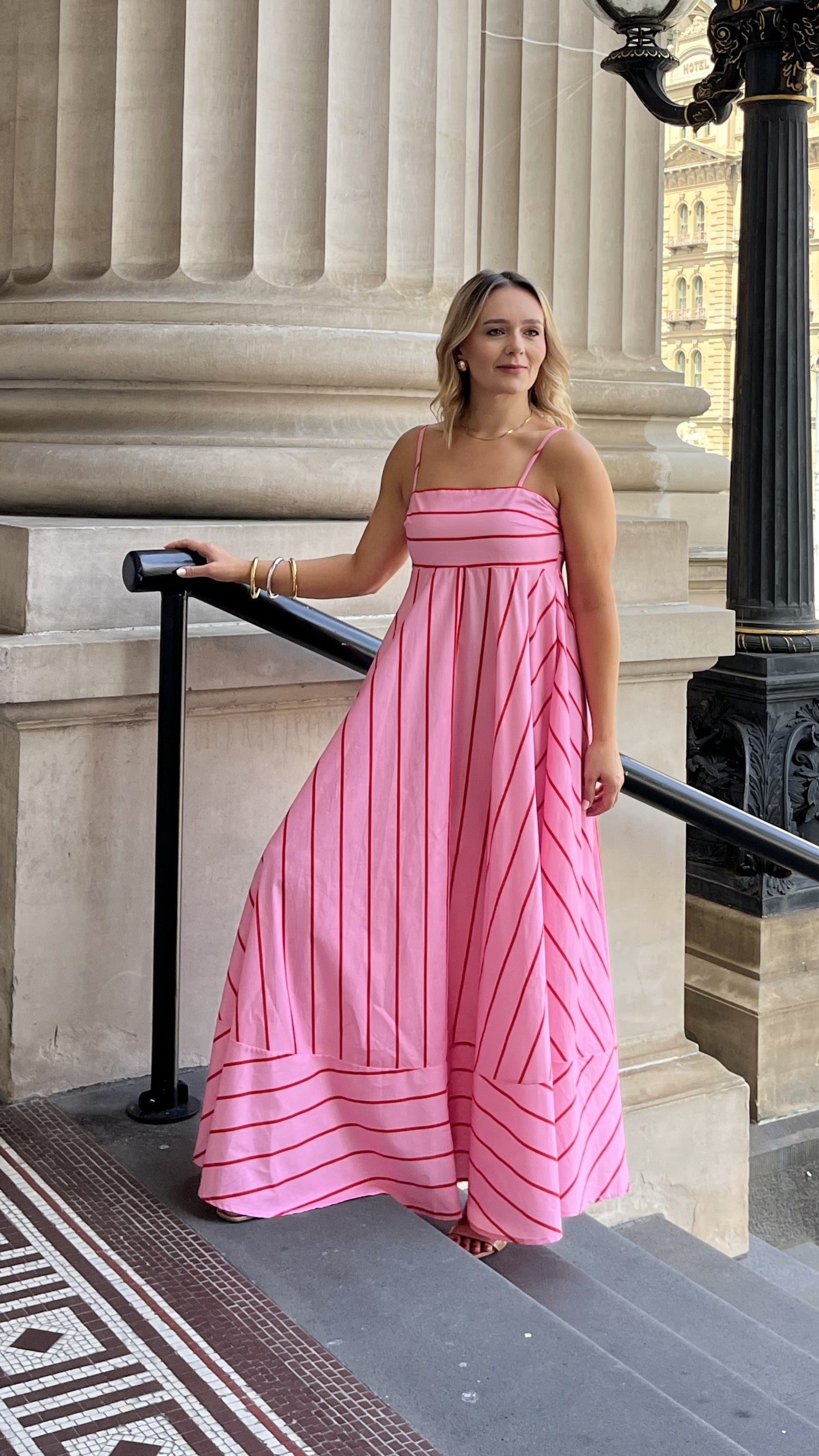 Kaethe Maxi Dress for Women - Flowy Pink & Red Striped Summer Dress, Beach Cover Up, Vacation Outfit, Party Wear
