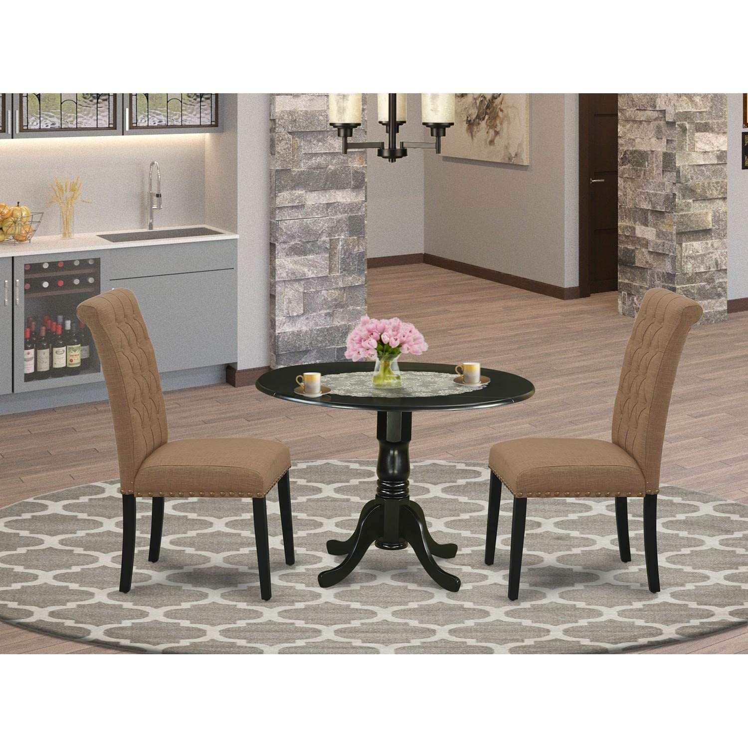 East West Furniture DLBR3-BLK-17 3-Piece Round Dining Table Set with Drop Leaf & 2 Upholstered Chairs, 42x42 Inch, Black - Perfect for Small Spaces, Breakfast Nooks & Cozy Apartments