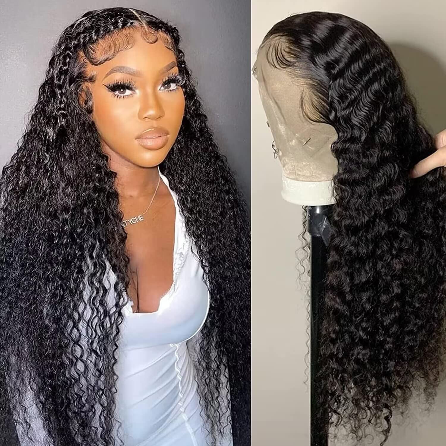 Wingirl 13x4 HD Deep Wave Lace Front Wig - 100% Human Hair with Pre-Plucked Hairline & Baby Hair - 180% Density Glueless Lace Frontal Wig for Women (Natural Black) - Perfect for Daily Wear, Cosplay & Special Occasions