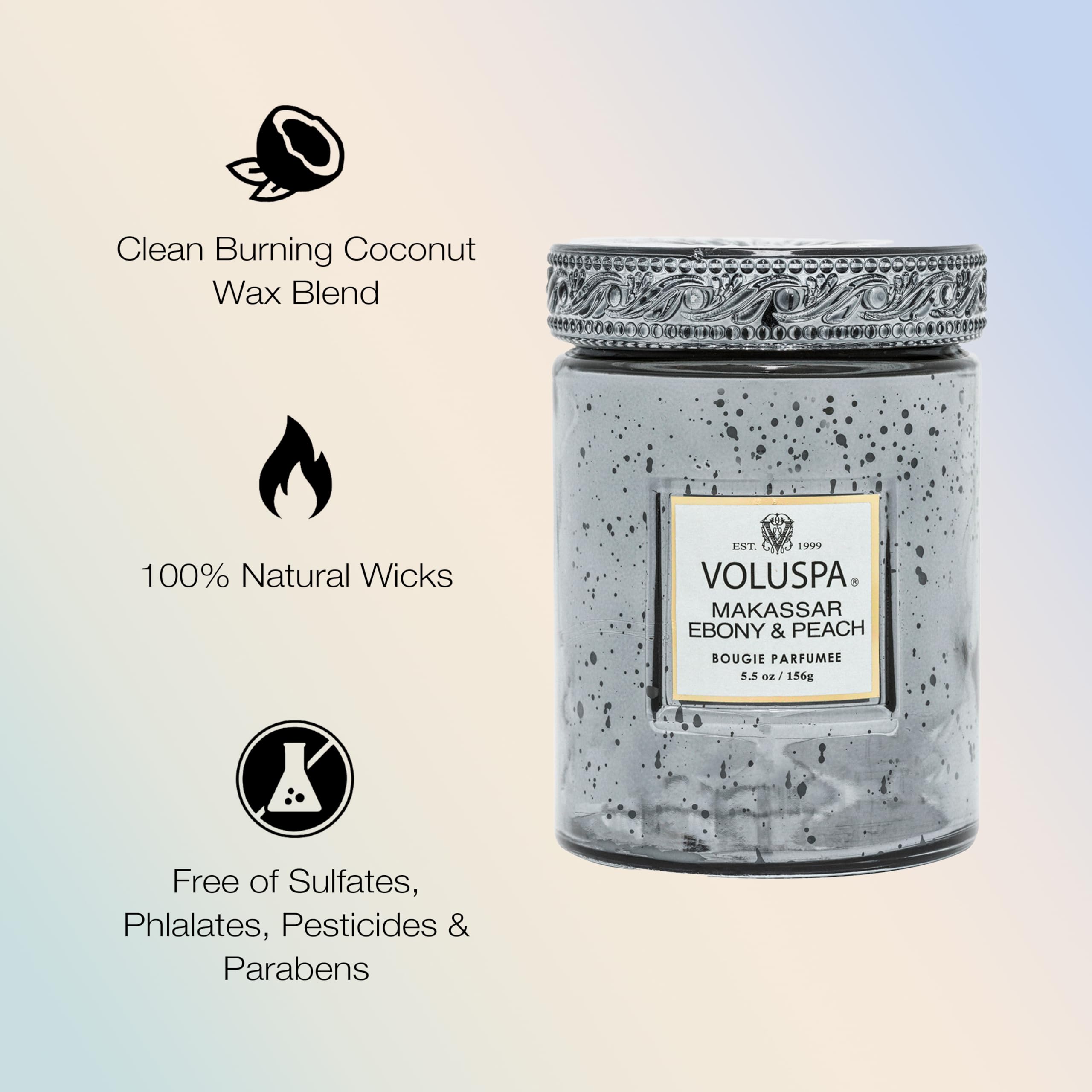 Voluspa Makassar Ebony & Peach Scented Candle - 5.5 oz Coconut Wax Jar Candle, 50 Hour Burn Time, Handcrafted in USA - Perfect for Home Decor, Relaxation & Aromatherapy