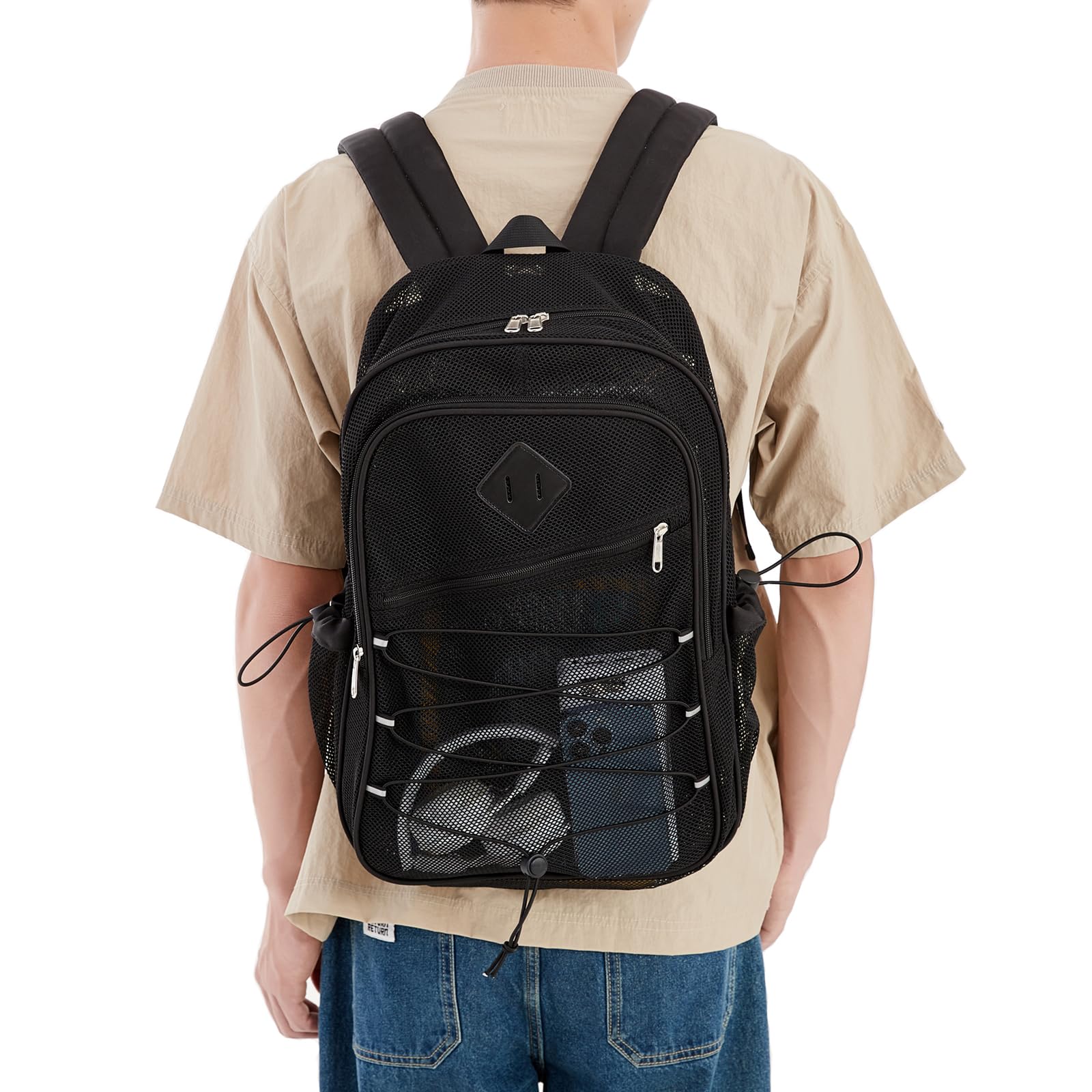 MOONBABY Heavy Duty Mesh Backpack for Boys - Transparent School Backpack with Breathable Design - Perfect for Swimming, Beach, Sports, Work & Travel - Durable See-Through Bookbag for School, Gym & Outdoor Activities (Black)