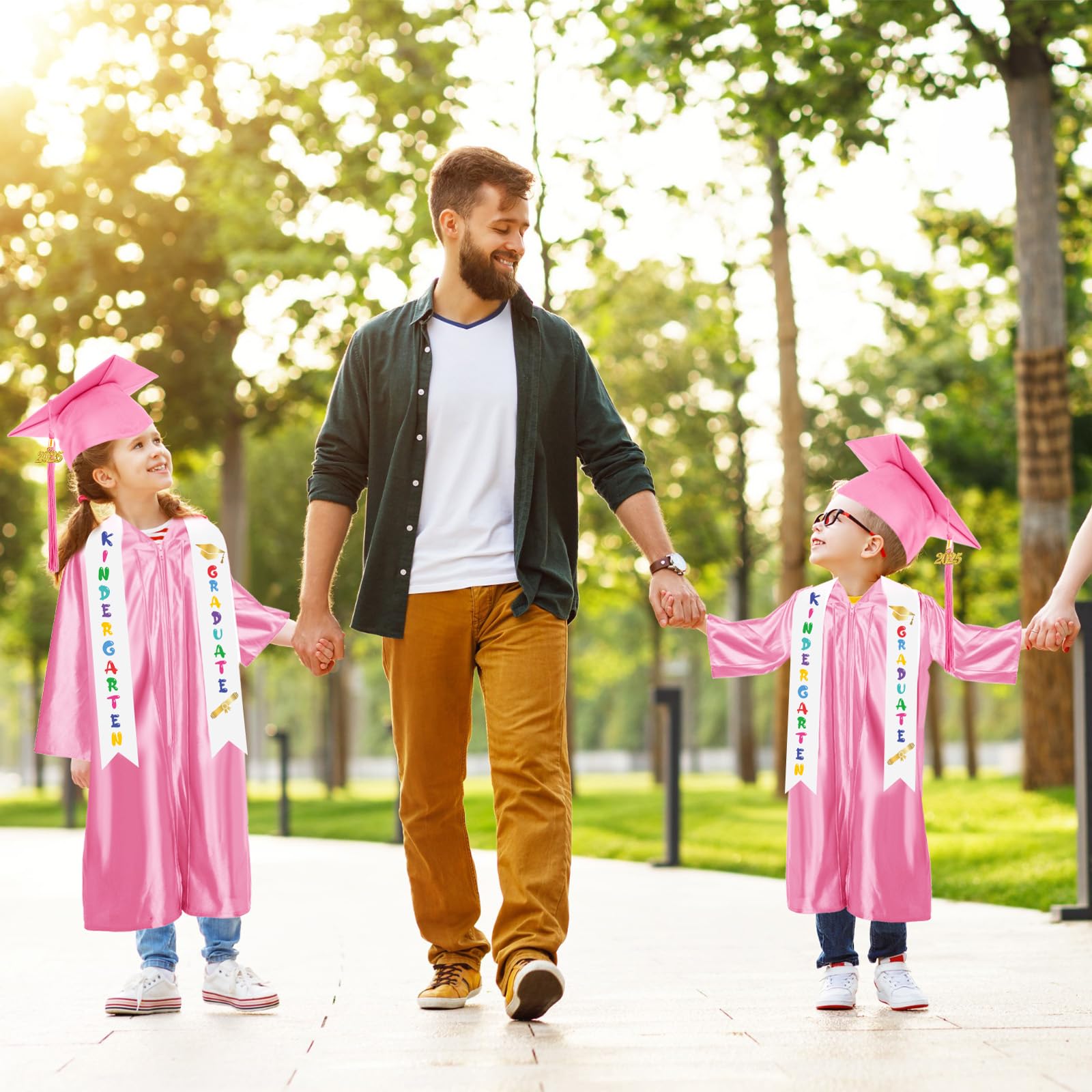 2025 Preschool & Kindergarten Graduation Gown Cap Tassel Set with Printed Stole Sash - 2 Pack Kids Graduation Outfit for Ceremony & Photo Shoots