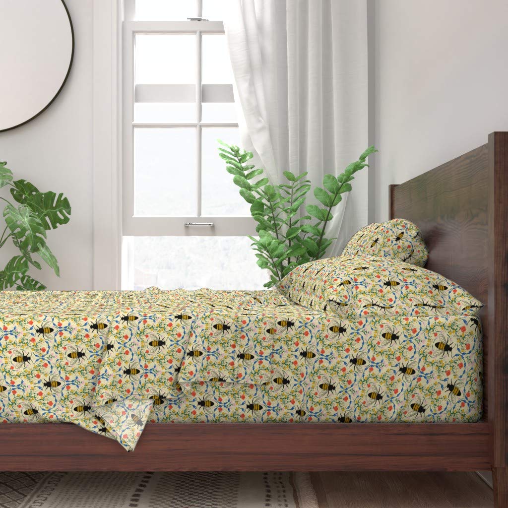 100% Cotton King Size 4-Piece Bed Sheet Set | Bee Garden Floral Print in Cream, Black & Red | Soft Breathable Bedding for Home Decor | Perfect for Master Bedroom, Guest Room & Airbnb