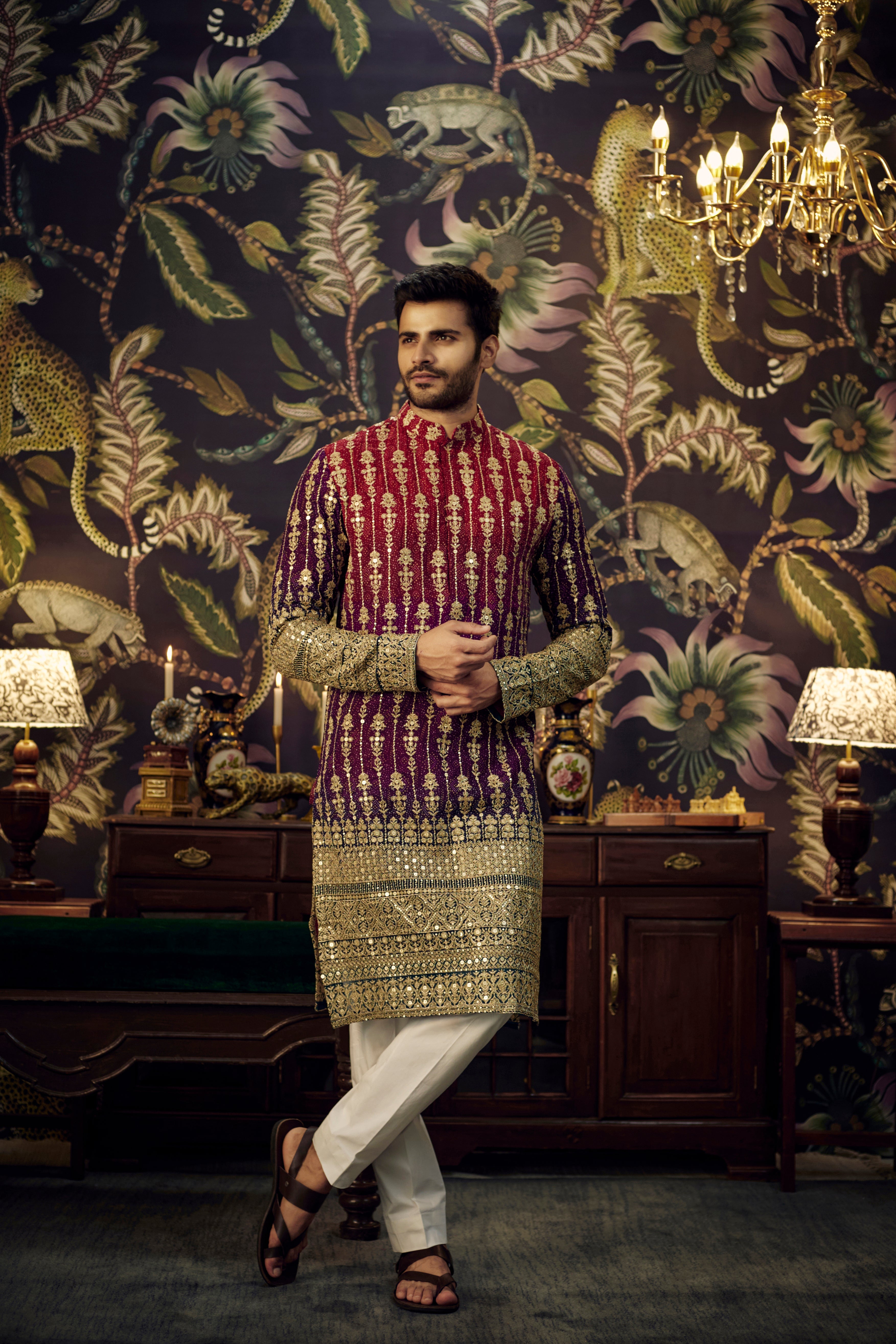 Elegant Maroon Purple Ombre Graded Kurta with Intricate Gota Embroidery - Perfect for Festivals, Weddings & Ethnic Fashion