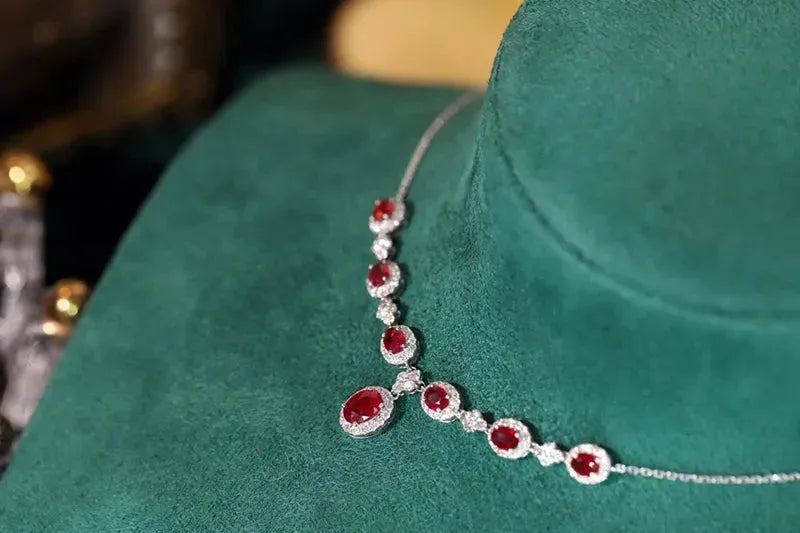 18K White Gold Ruby and Diamond Necklace for Women | Luxury Natural Gemstone Jewelry | Perfect for Senior Banquets, Weddings & Special Occasions