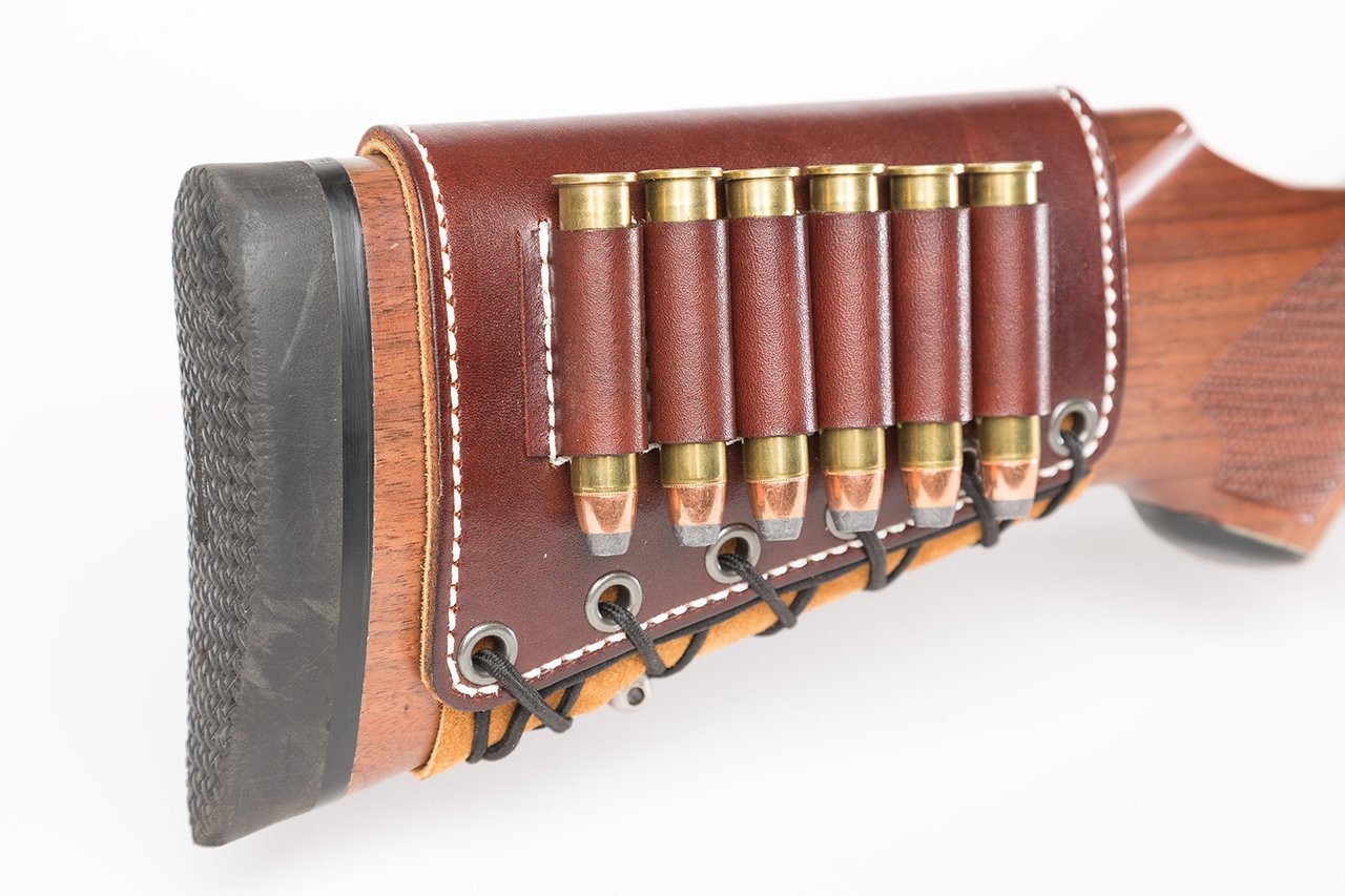 Diamond D Leather Rifle Butt Cuff - 6 Loop Ammo Carrier for 45-70 Rifle Buttstock - Premium Brown Leather - Perfect for Hunting, Shooting Range & Outdoor Adventures