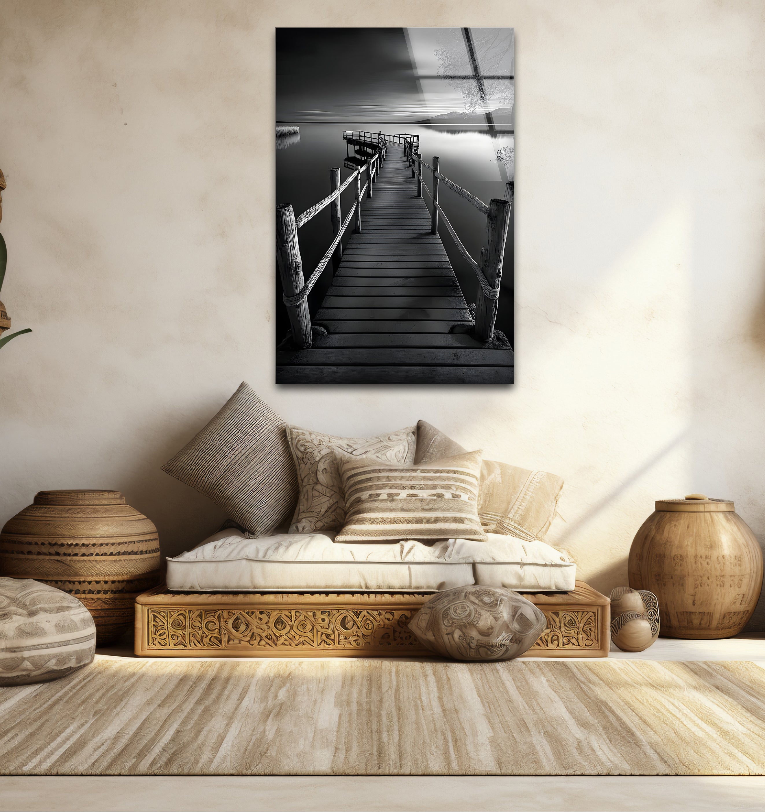 Black and White Dock Landscape Glass Wall Art - Modern Framed Home Decor for Living Room, Bedroom, Office | Coastal Nautical Theme