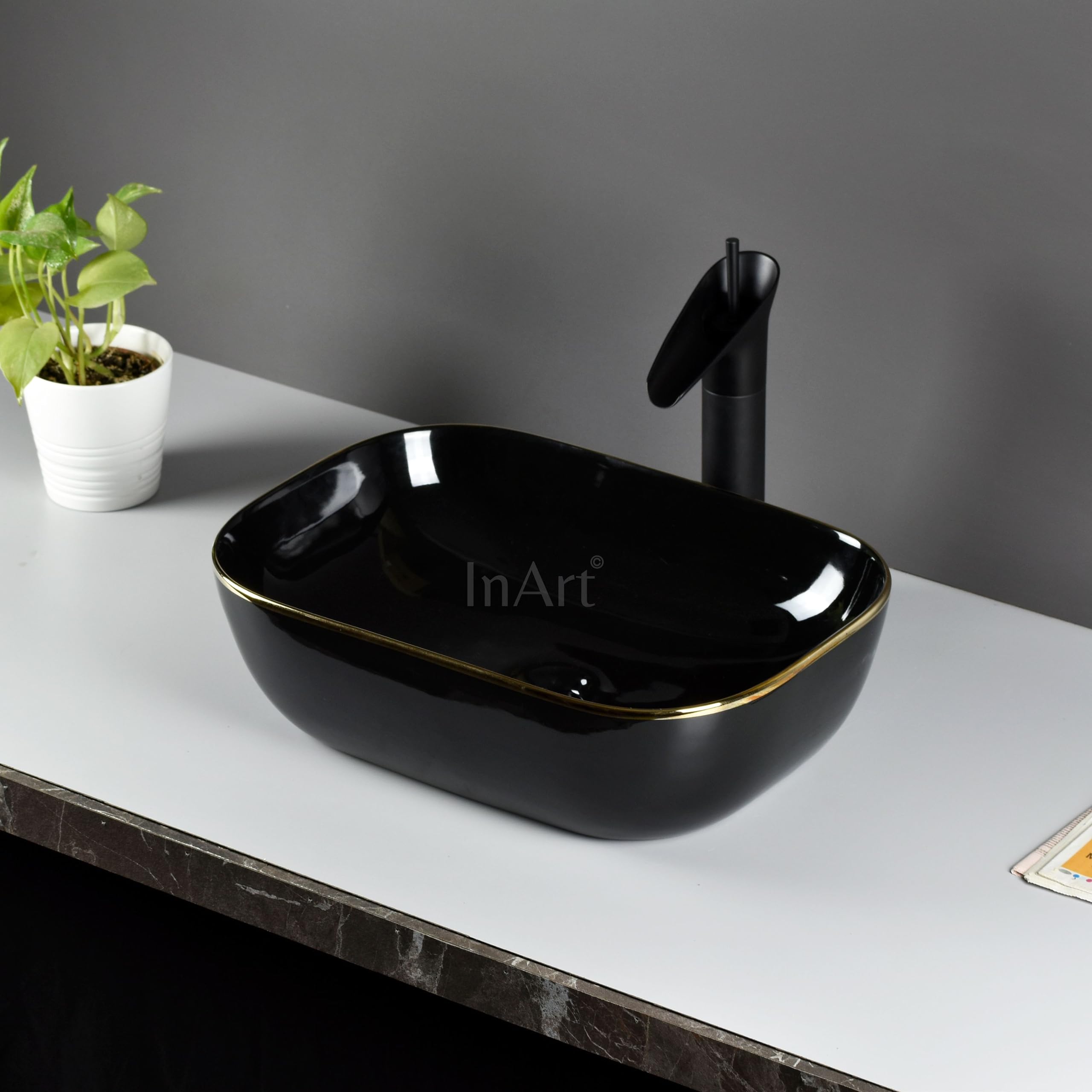 InArt Designer Ceramic Wash Basin - 18x13x5 Inch Glossy Finish Countertop Bathroom Sink - Black Gold - Perfect for Modern Bathrooms, Powder Rooms & Vanity Makeovers