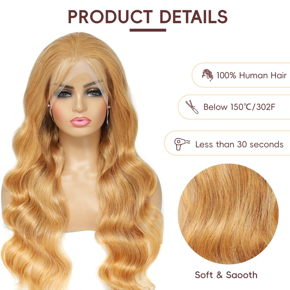 Honey Blonde HD Lace Front Wig 30 Inch - 200% Density Human Hair Wig with Pre-Plucked Body Wave & Lace Frontal (Color 27#) for Daily Wear, Cosplay, and Special Occasions