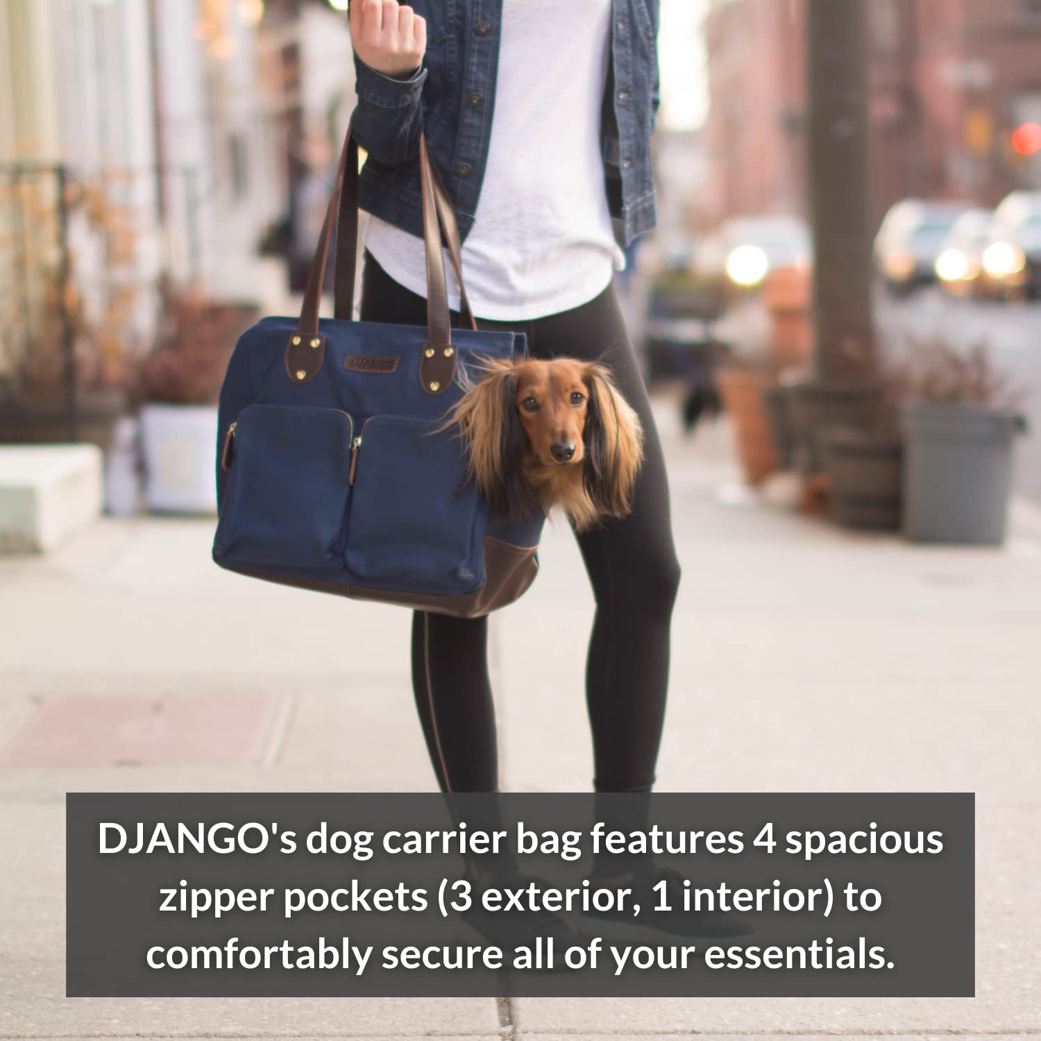 Premium Waxed Canvas & Leather Dog Carrier Bag - Medium Navy Blue Pet Travel Tote with Safety Harness Tether, Secure Zipper Pockets & Water-Resistant Lining | Perfect for Air Travel, Car Rides & Outdoor Adventures with Your Small to Medium Dog